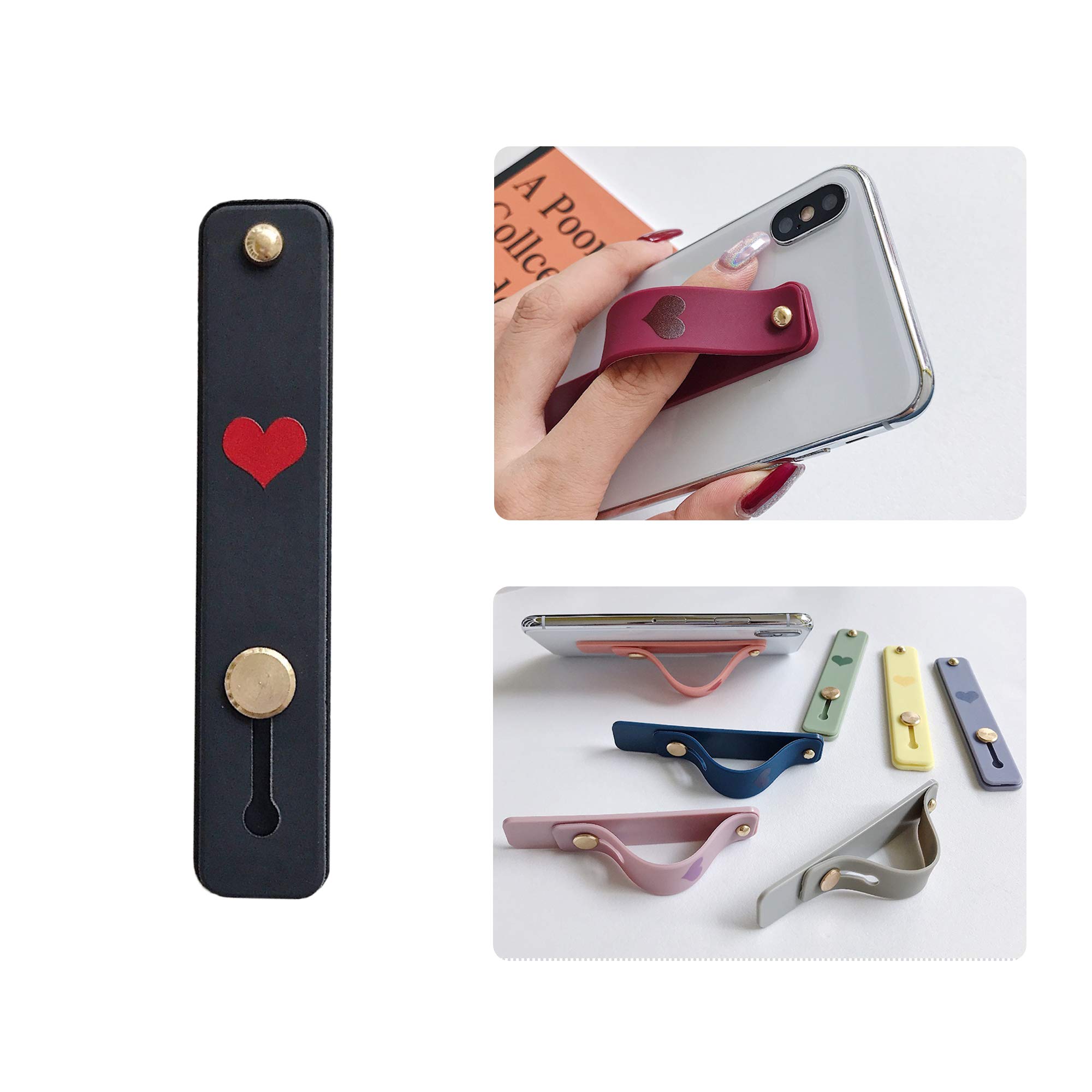 Universal Phone Grip Holder - Portable Telescopic Finger Strap with Kickstand | Anti-Slip Phone Loop Bracket for iPhone Samsung & All Smartphones | Perfect for Selfies, Gaming & Daily Use (Black with Heart Charm)