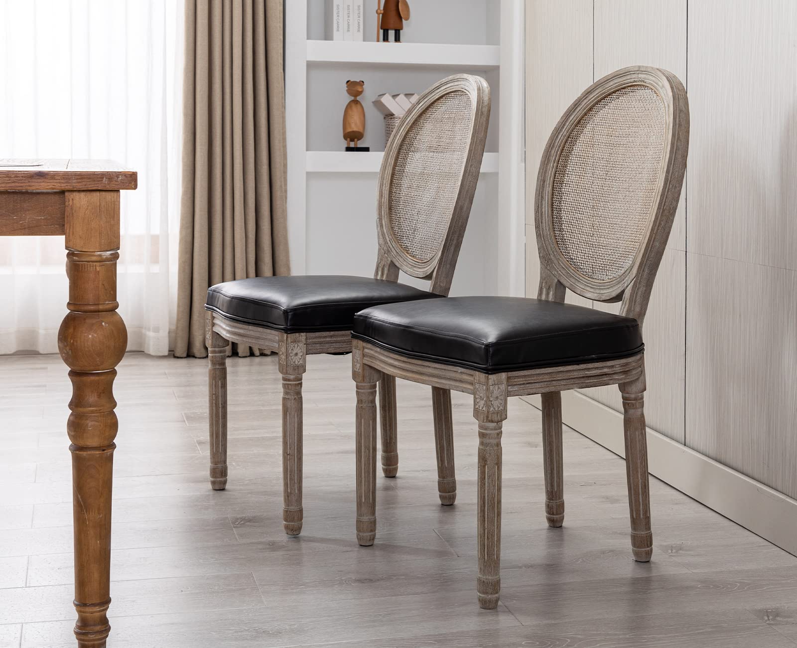 Kmax Dining Room Chairs Set of 2 - PU Leather French Chairs with Rattan Round Back for Kitchen, Living Room & Farmhouse Decor - Black | Elegant Seating for Dining, Entertaining & Home Office