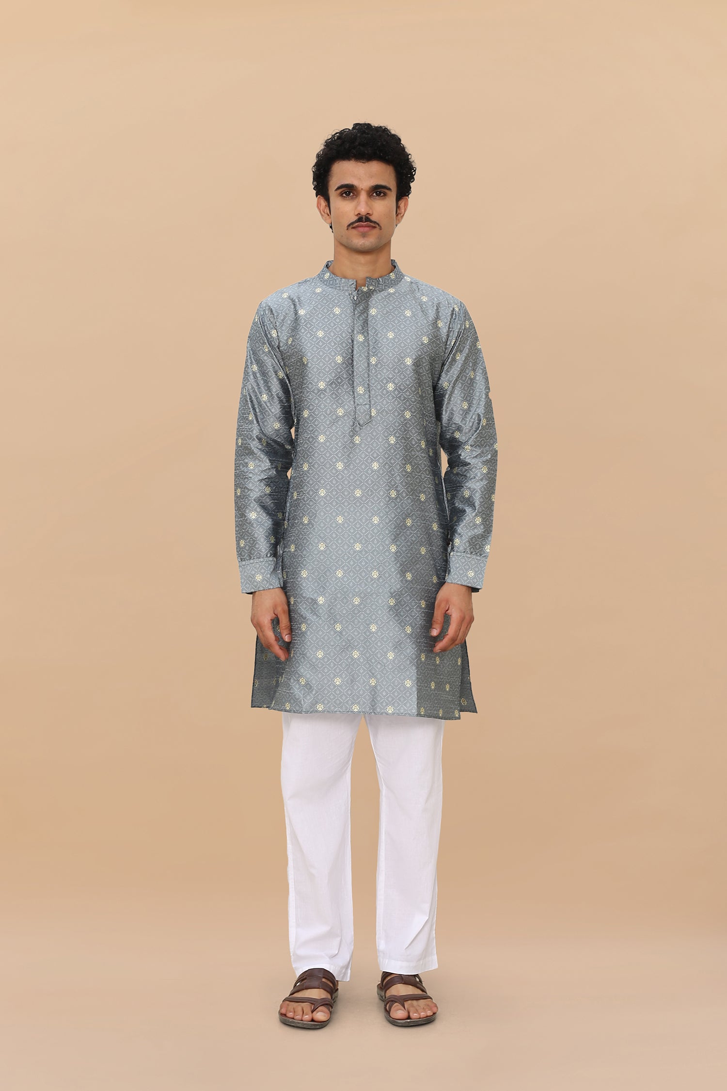 Men's Jacquard Self Grey Kurta - Traditional Indian Tunic for Casual Wear & Festive Occasions