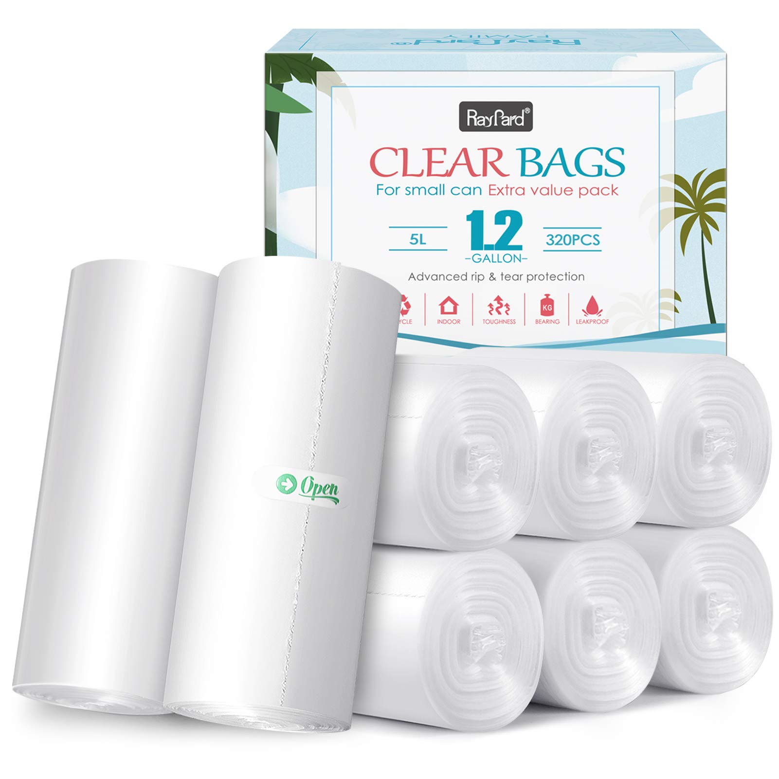 RayPard 1.2 Gallon 320 Counts Heavy Duty Trash Bags - 5 Liter Garbage Bin Liners for Kitchen, Bathroom, Bedroom, Office & Home Use - Clear Plastic Waste Bags for Small Trash Cans & Wastebaskets