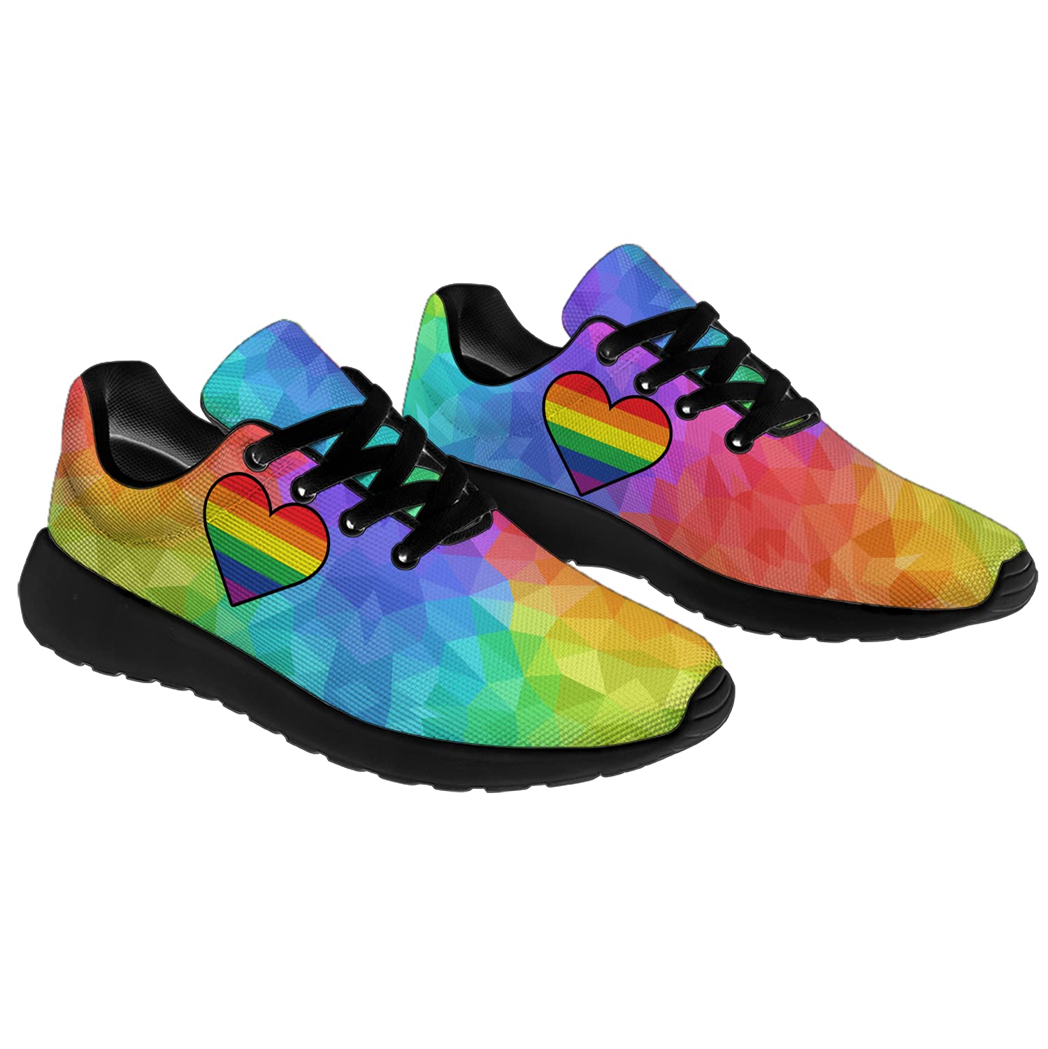 **Rainbow Heart LGBTQ+ Running Shoes for Men & Women - Comfortable Walking & Tennis Sneakers - Size 11 Men/13 Women - Black - Perfect Pride Gifts & Everyday Wear**    *(Use for jogging, gym workouts, casual walks, or showing LGBTQ+ pride at events and festivals.)*