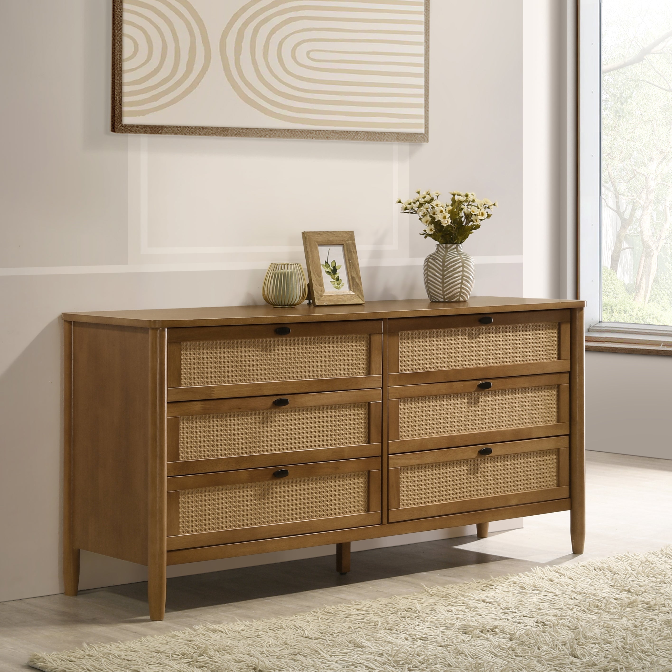 Roundhill Furniture Vichy 6-Drawer Dresser - Solid Wood & Woven Rattan Storage Cabinet for Bedroom, Living Room, or Nursery Organization