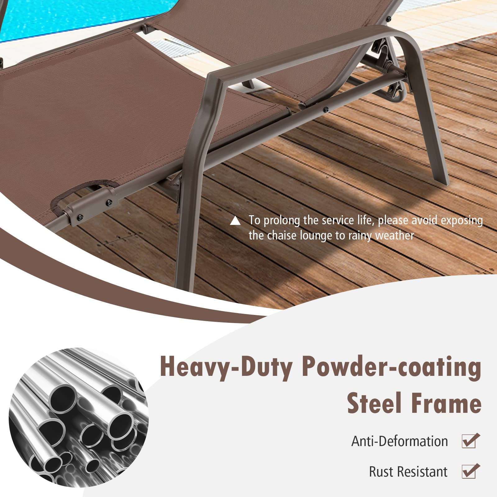Tangkula 2-Piece Adjustable Folding Stackable Patio Lounge Chairs Set - Heavy Duty Steel Frame, 5-Position Reclining Backrest - Perfect for Poolside, Backyard, Beach & Outdoor Relaxation (Brown)