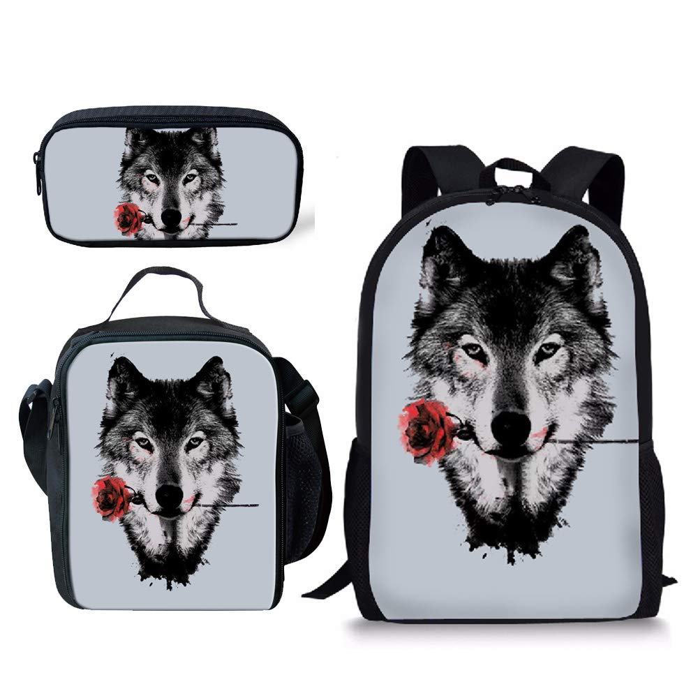 Funny Rose & Wolf Backpack Set - 3 Piece Kids School Backpack with Lunch Bag & Pencil Case - Lightweight Daypack for Boys & Girls - Perfect for School, Travel & Outdoor Adventures