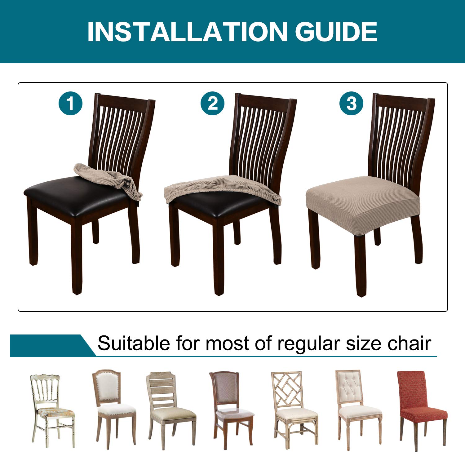 Turquoise Stretch Dining Chair Covers Set of 4 - Washable & Removable Kitchen Chair Slipcovers - Seat Protectors for Dining Room Chairs (Khaki) | Perfect for Family Gatherings & Dinner Parties
