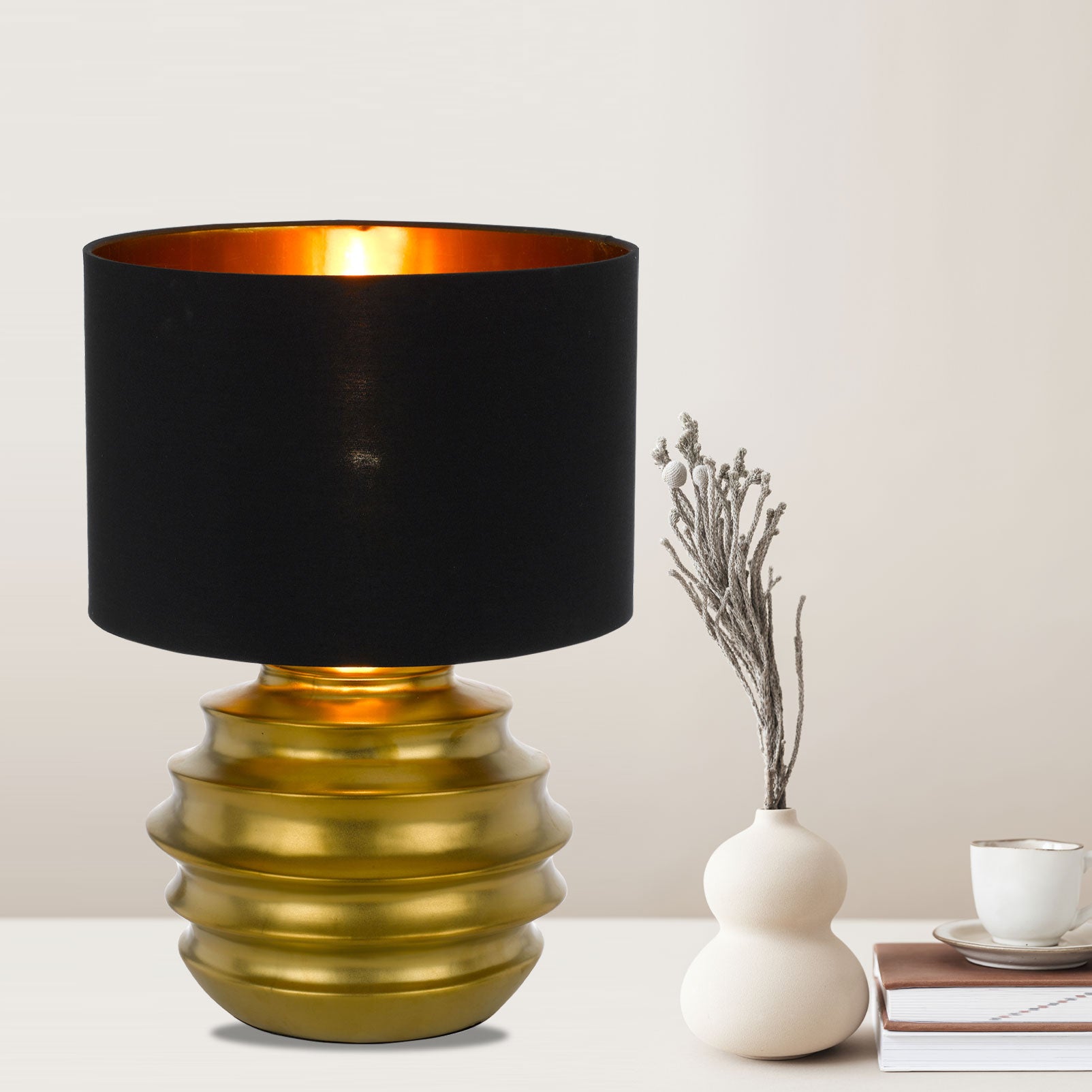Modern Ceramic Table Lamp - Gold & Black Finish for Living Room, Bedroom, or Office Decor | Elegant Home Lighting Solution