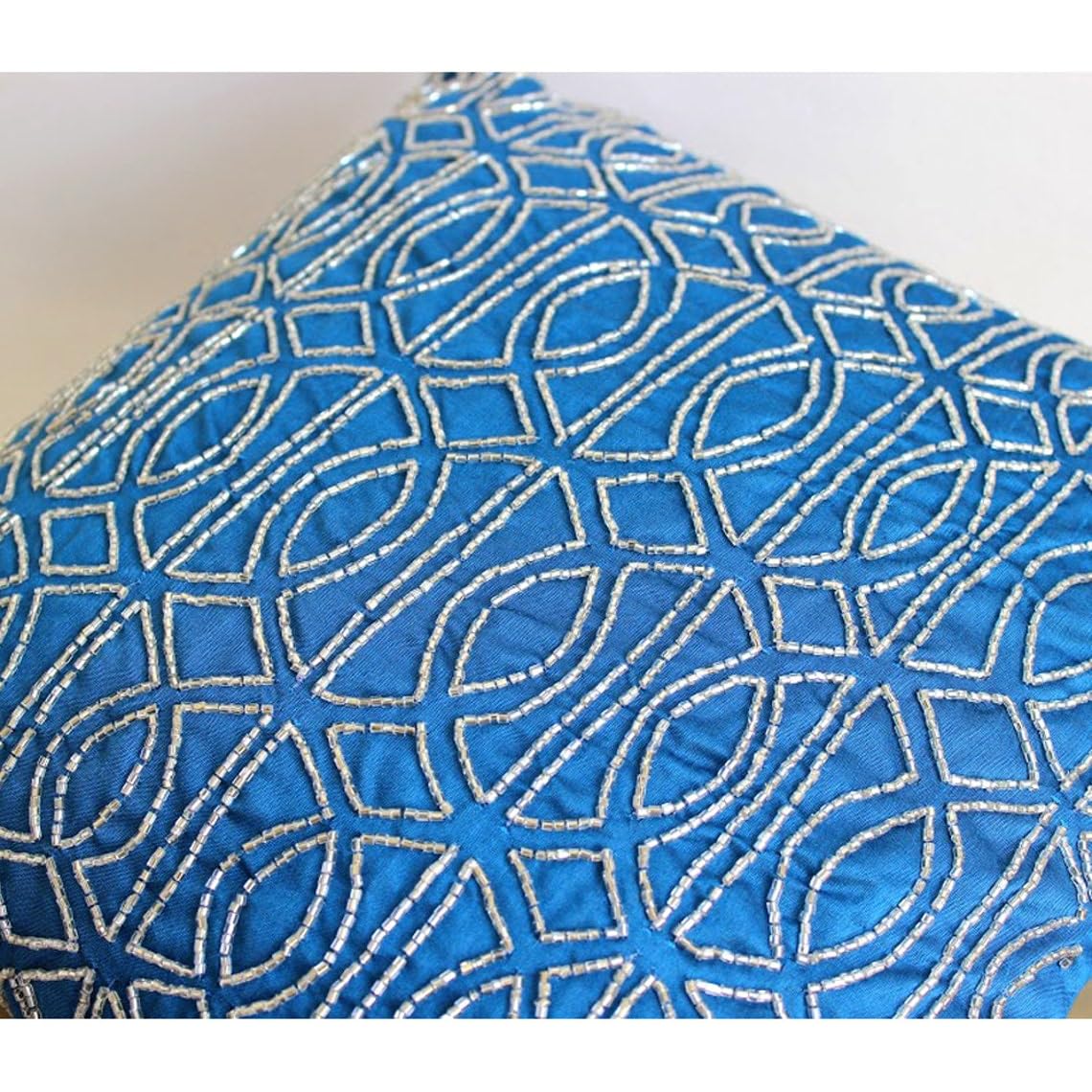 Royal Blue Silk Decorative Pillow Covers 16x16 inch (40x40 cm) - Geometric Trellis Lattice Design with Beaded Zipper Closure for Sofa, Couch, Bedroom & Living Room Decor