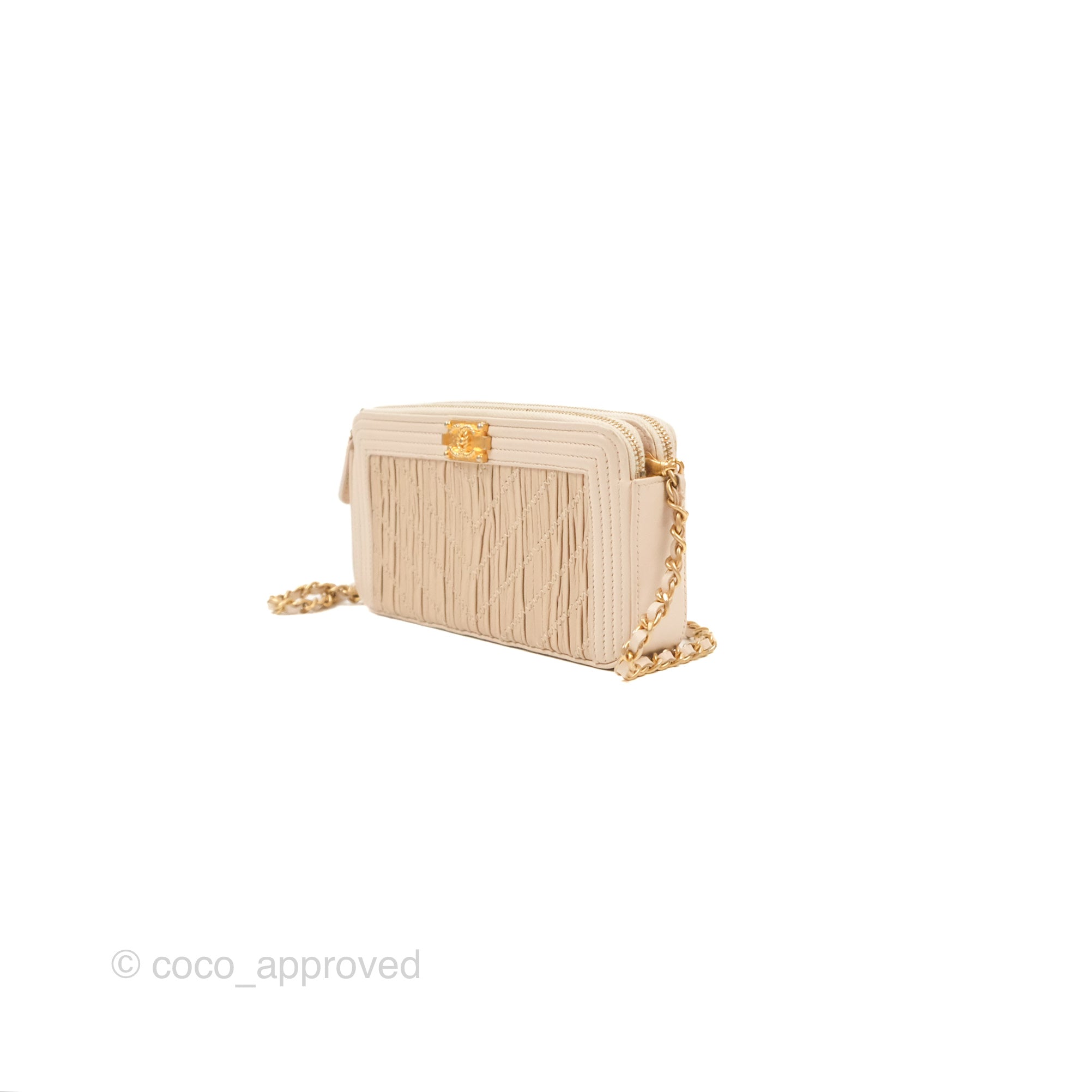 Chanel Boy Double Zip Clutch On Chain Chevron Pale Beige with Aged Gold Hardware - Luxury Crossbody Bag for Women, Perfect for Evening Parties & Date Nights