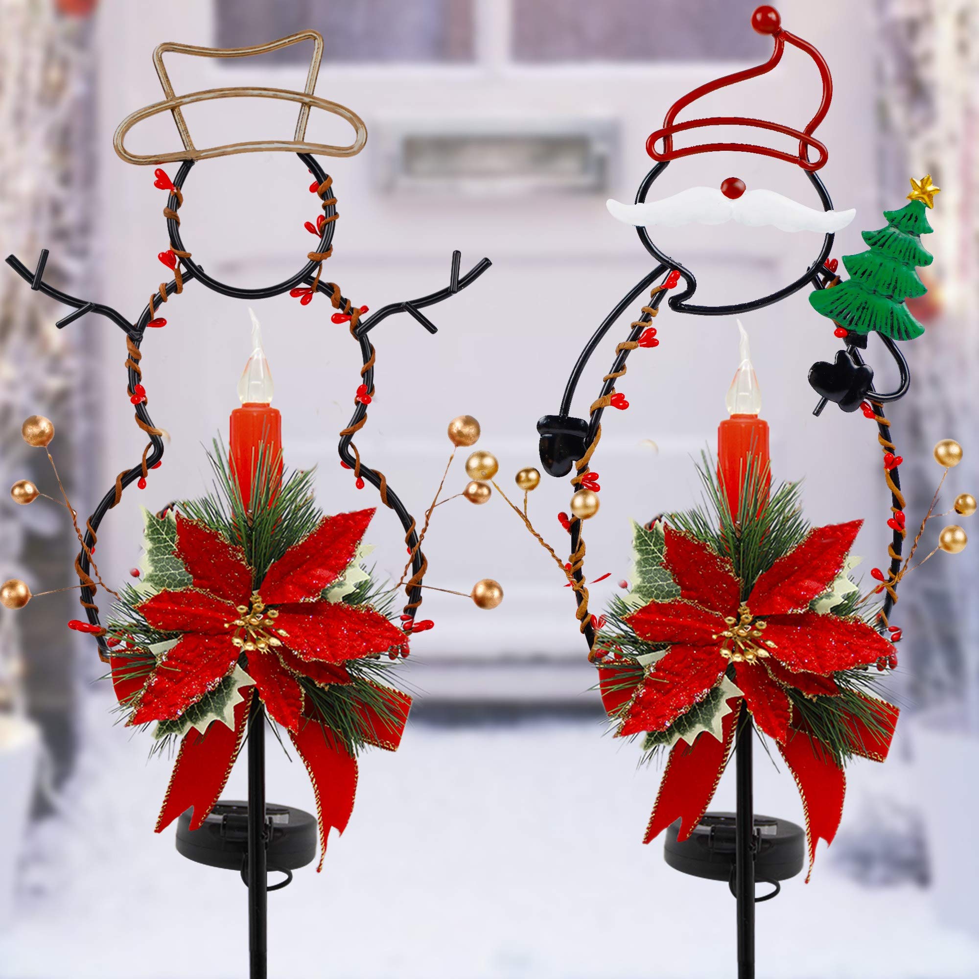 FORUP Solar Christmas Yard Decorations - Outdoor LED Solar Powered Candle Lights for Xmas Pathway, Metal Solar Garden Stake Lights with Snowman & Santa Designs - Set of 2 - Perfect for Holiday Lawn Decor, Garden Accents & Festive Outdoor Lighting