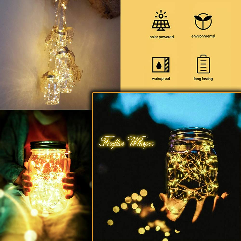 8 Pack Solar Mason Jar Lights - 20 LED Waterproof Fairy String Lights with Hangers (Jar Lids Only, No Jars Included) - Warm White Outdoor Decoration for Patio, Garden, Wedding & Backyard Parties