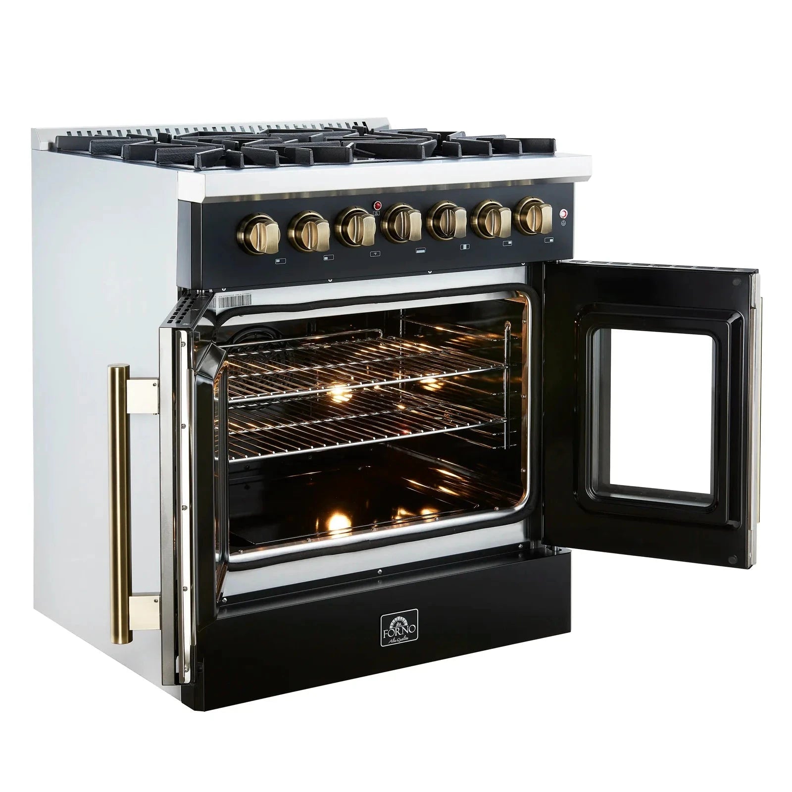Forno Galiano 30-Inch French Door Dual Fuel Range with 5 Gas Burners & Electric Convection Oven - Black Finish with Antique Brass Trim (Model FFSGS6356 30BLK) - Perfect for Gourmet Cooking, Entertaining & Modern Kitchens
