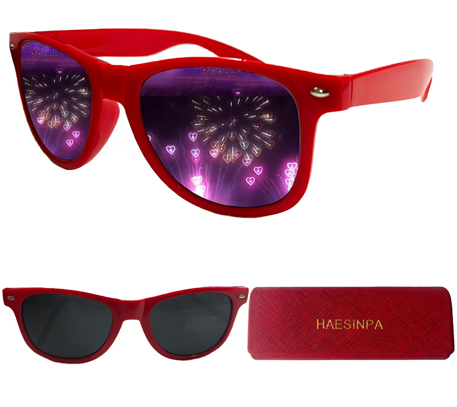Heart Effect Diffusion Glasses - Rainbow Prism Party Glasses with Protective Case (Square Frame, Red) for Raves, Concerts, Festivals & Light Shows