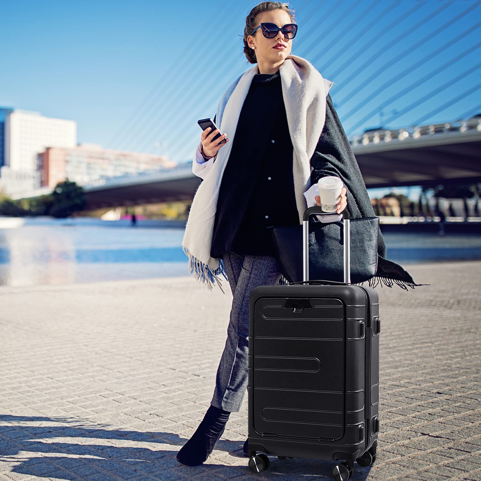 Goplus 20 Inch Hardside Carry On Luggage with USB Charging Port & TSA Lock - Lightweight PC Suitcase with Spinner Wheels, Front Pocket & Foldable Tabletop for Business Travel, Airplane Cabin & Weekend Getaways
