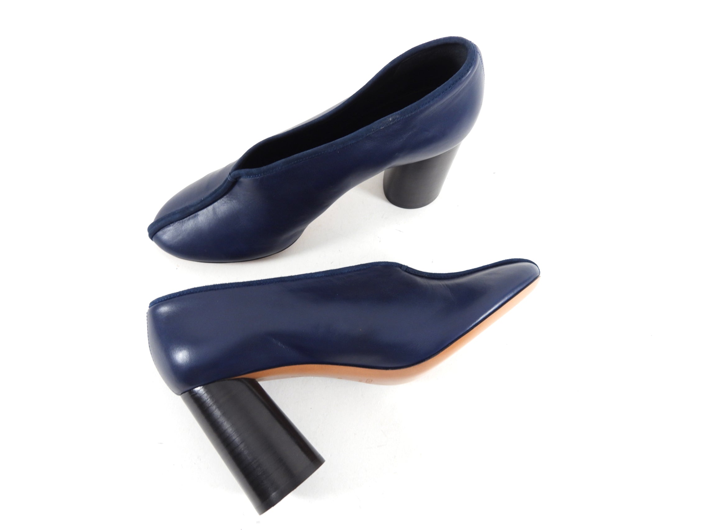 Celine Navy Blue Leather V-Neck Pumps Women's Size 38 (US 7.5) - Elegant High Heels for Office, Party & Special Occasions