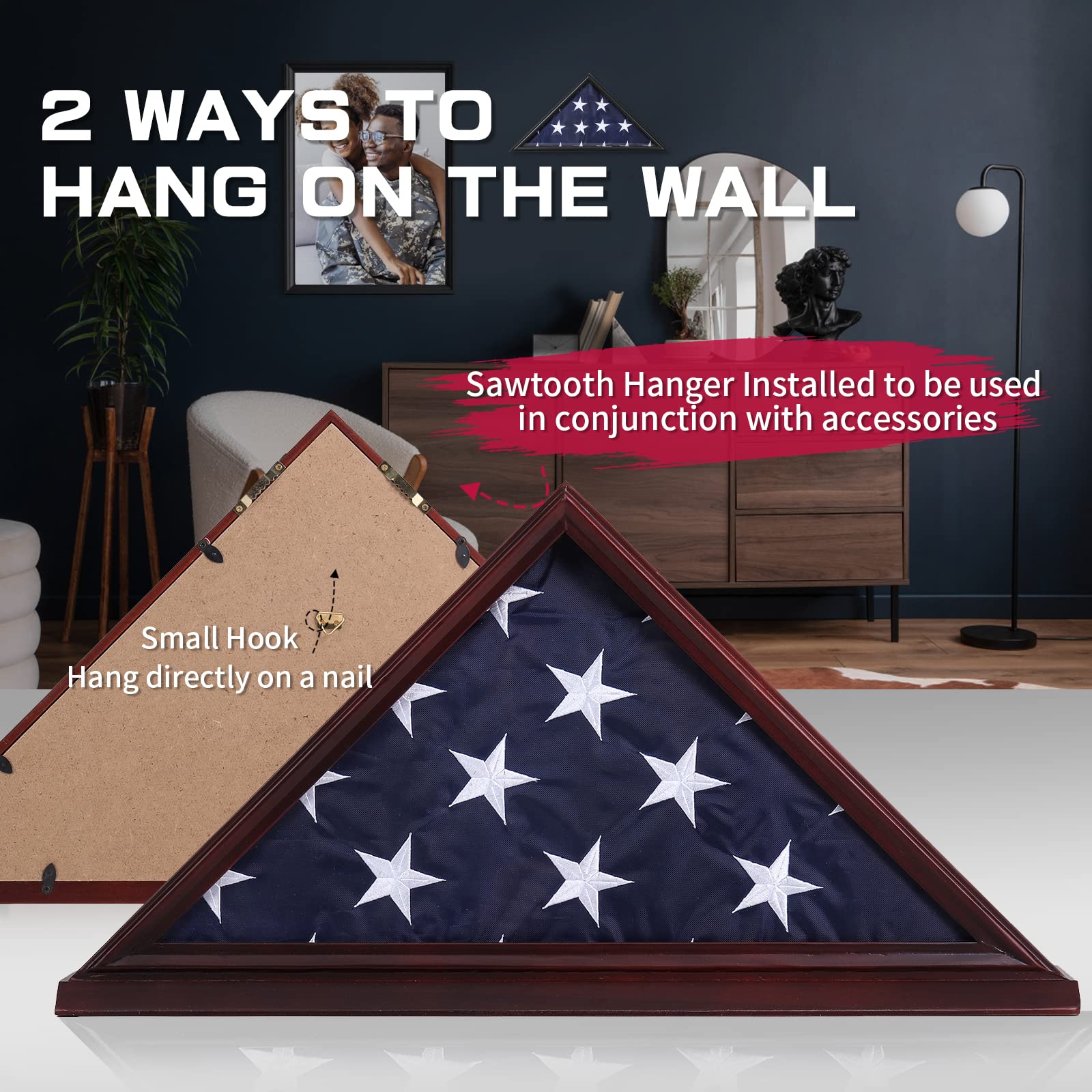 Military Flag Display Case with High Clarity Glass Front - Solid Wood Wall Mounted Shadow Box for 5'x9.5' American Veteran Burial Flag (Red) - Perfect for Honoring Veterans, Home Decor & Memorial Displays