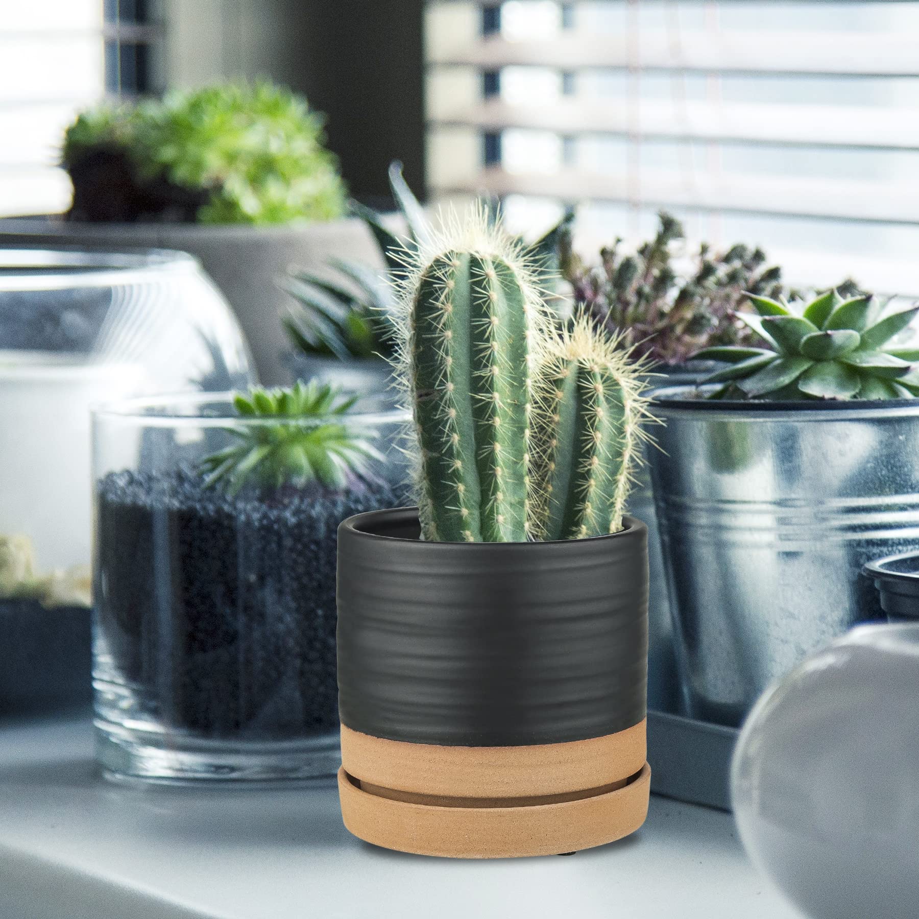 6 Inch Ceramic Plant Pots with Drainage Hole & Saucer - Indoor/Outdoor Cylinder Round Planter for Succulents, Herbs, Flowers - Matte Black & Brown Modern Home & Garden Decor
