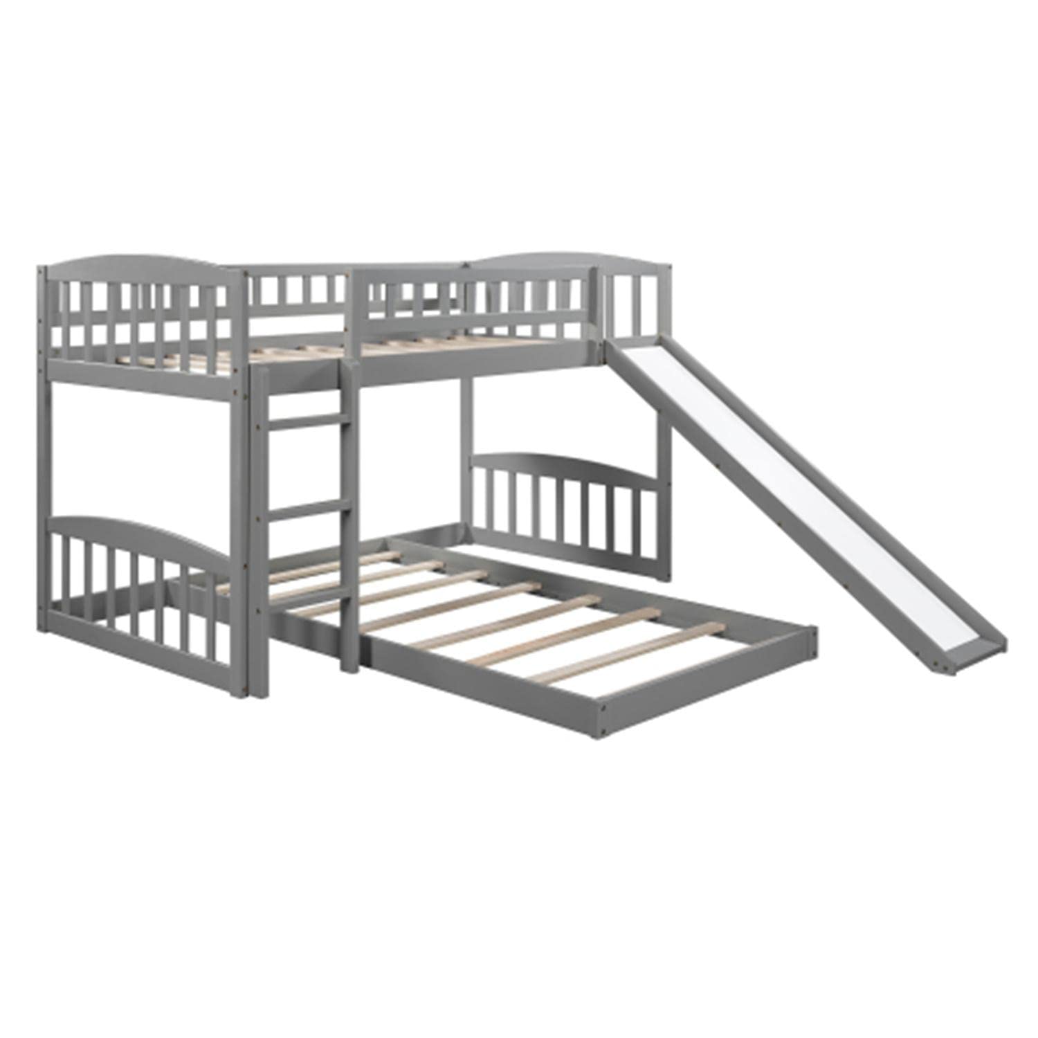 Gray Twin Over Twin Bunk Bed Frame with Slide & Ladder - Sturdy Safety Guardrail for Kids & Teens - No Box Spring Needed - Perfect for Small Bedrooms, Shared Kids' Rooms & Vacation Homes
