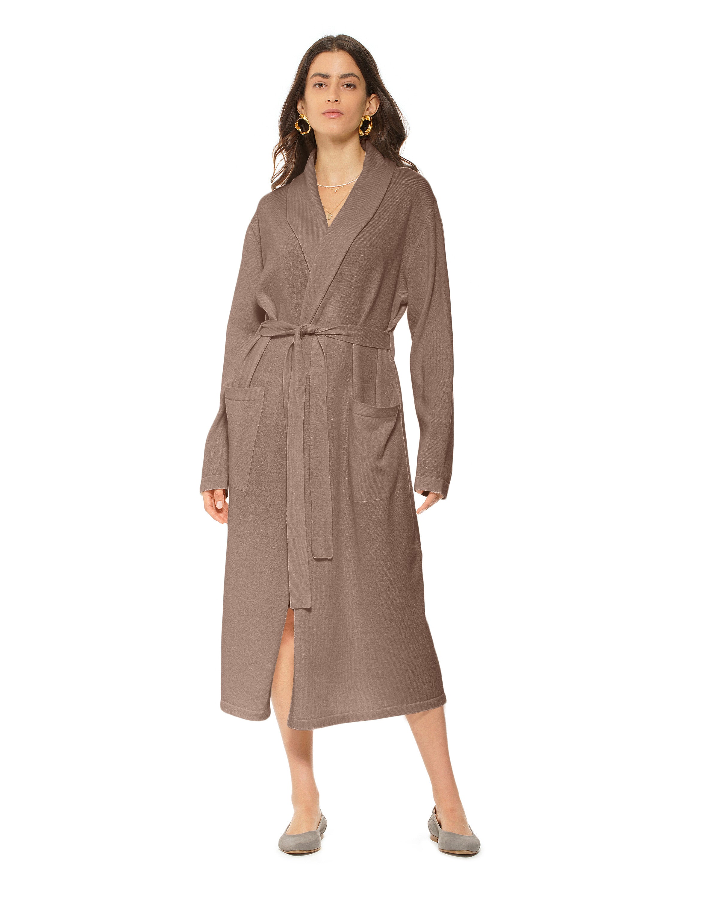 Luxury Women's Pure Cashmere Knit Robe - Soft Brown Winter Bathrobe for Spa, Lounge & Home Relaxation