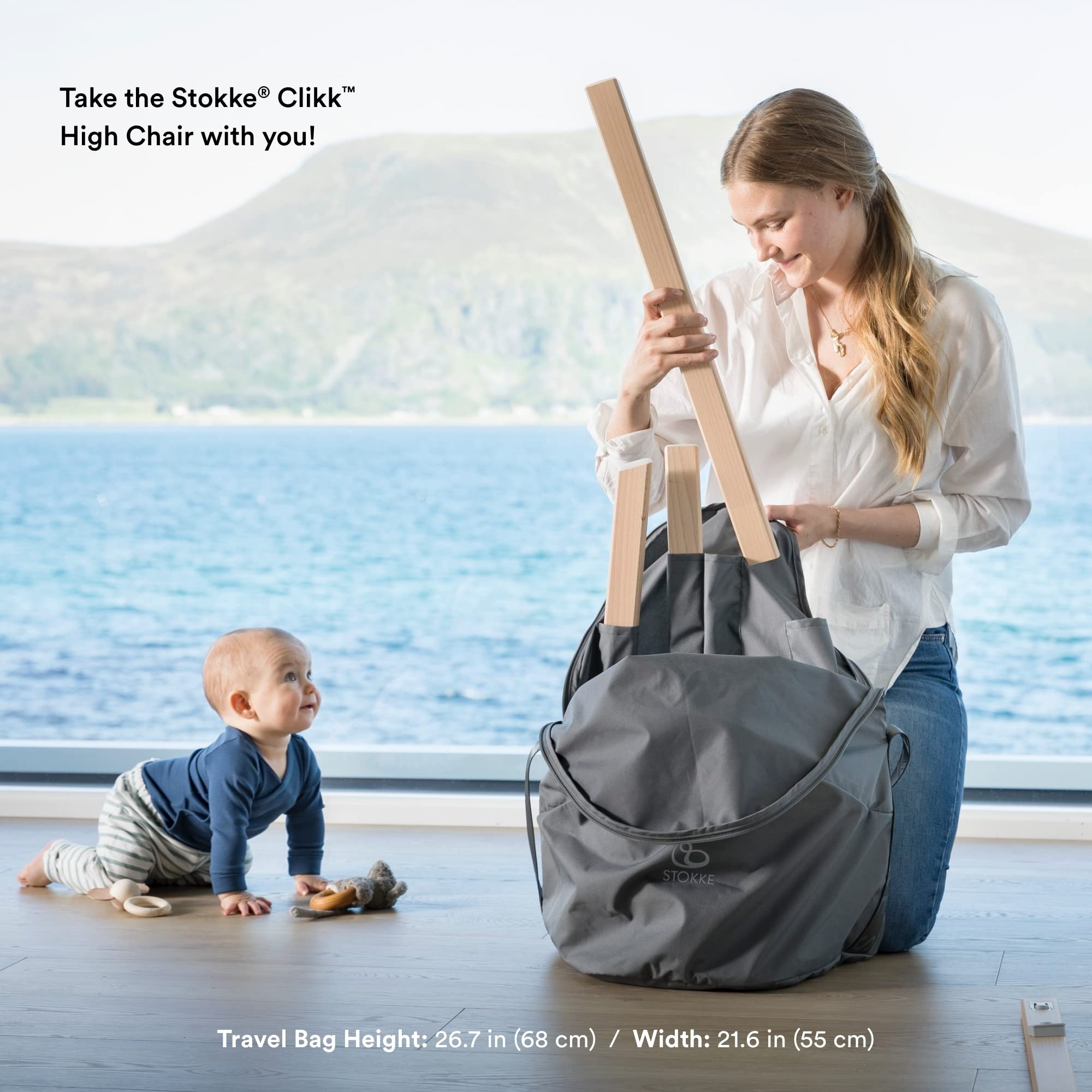 Stokke Clikk High Chair with Tray & Harness - Lightweight Durable Baby Feeding Chair for 6-36 Months (Up to 33 lbs) - Includes Travel Bag - Perfect for Home, Restaurants & Travel - White Chair + Grey Accessories