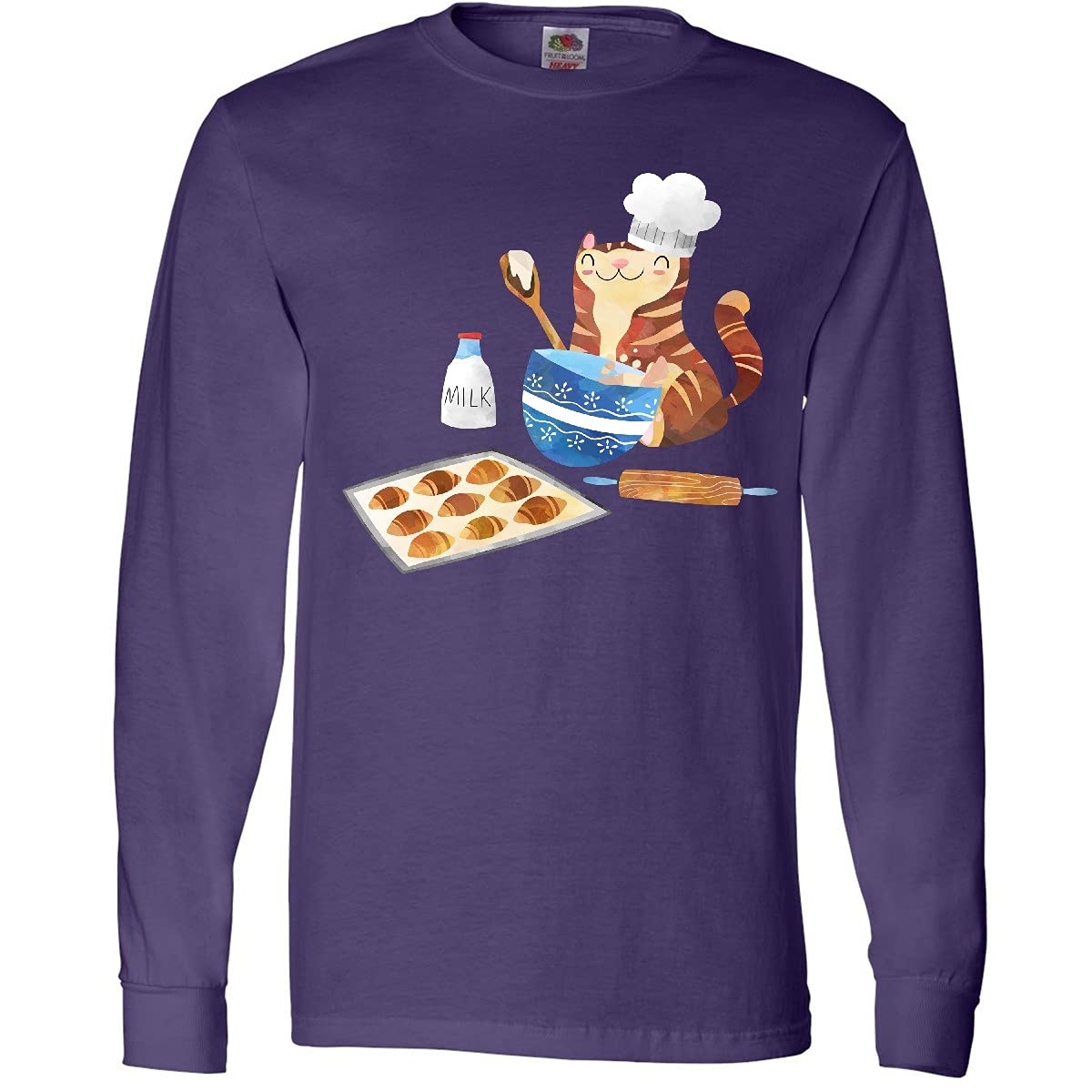 Inktastic Baker Kitty in Hat with Cookies Long Sleeve T-Shirt - Cute Cat Baking Graphic Tee for Women & Girls - Perfect for Baking Enthusiasts, Cat Lovers & Casual Wear