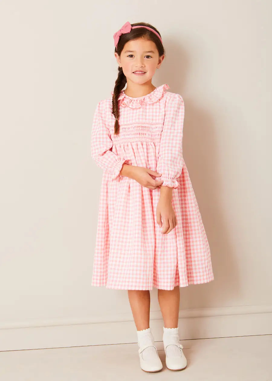 Gingham Smocked Ruffle Collar Long Sleeve Dress for Girls (12 Months - 10 Years) | Coral Floral Print | Perfect for Spring Photoshoots, Easter & Birthday Parties