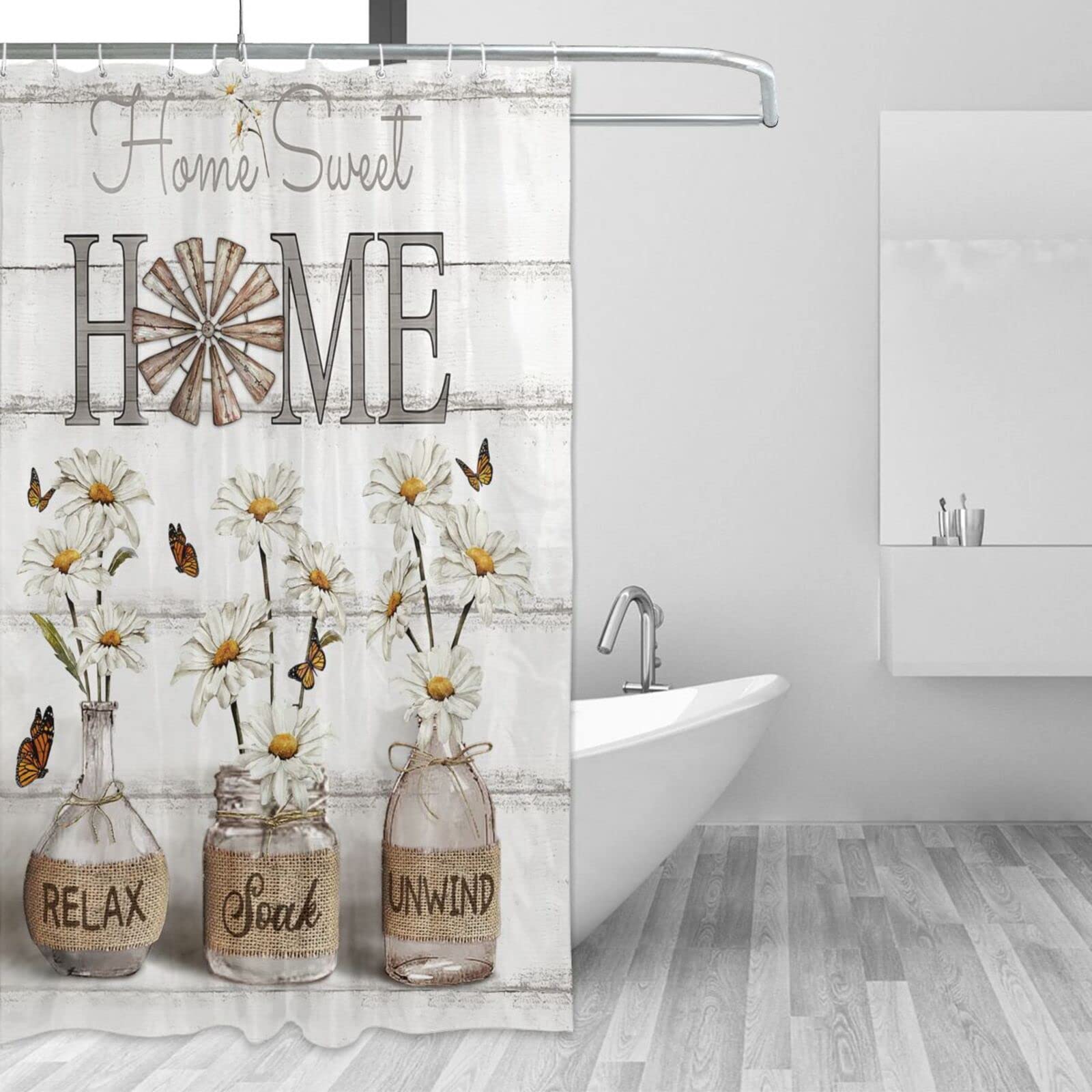 Farmhouse Daisy Shower Curtain - White Floral Bathroom Decor, Waterproof Polyester Fabric 60x72 Inch - Perfect for Rustic, Country & Neutral Bathroom Themes