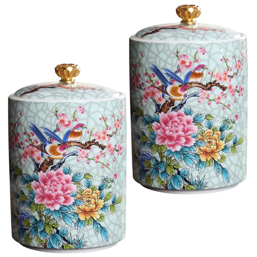 HEMOTON 2-Pack Porcelain Tea Storage Canisters - Airtight Tea, Coffee, Sugar, Spice, Candy & Snack Containers for Kitchen, Pantry & Dining Room Decor (Ideal for Loose Leaf Tea, Cookies & Nuts Storage)