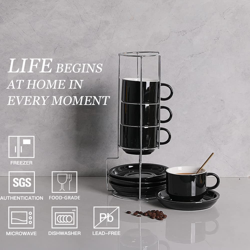 Premium 4oz Ceramic Espresso Cups with Saucers & Metal Stand - Stackable Cappuccino, Latte & Tea Set of 4 (Black) - Perfect for Home Coffee Bars, Cafés & Gifts