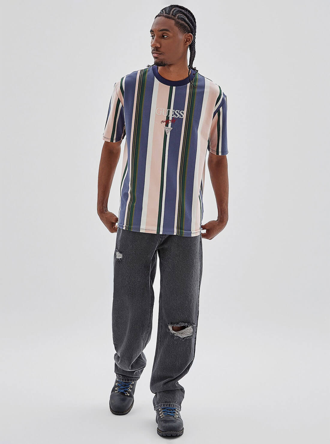 Guess Originals Blue Multi Stripe Logo T-Shirt for Men | Casual Cotton Short Sleeve Tee | Perfect for Everyday Wear, Street Style & Summer Outfits