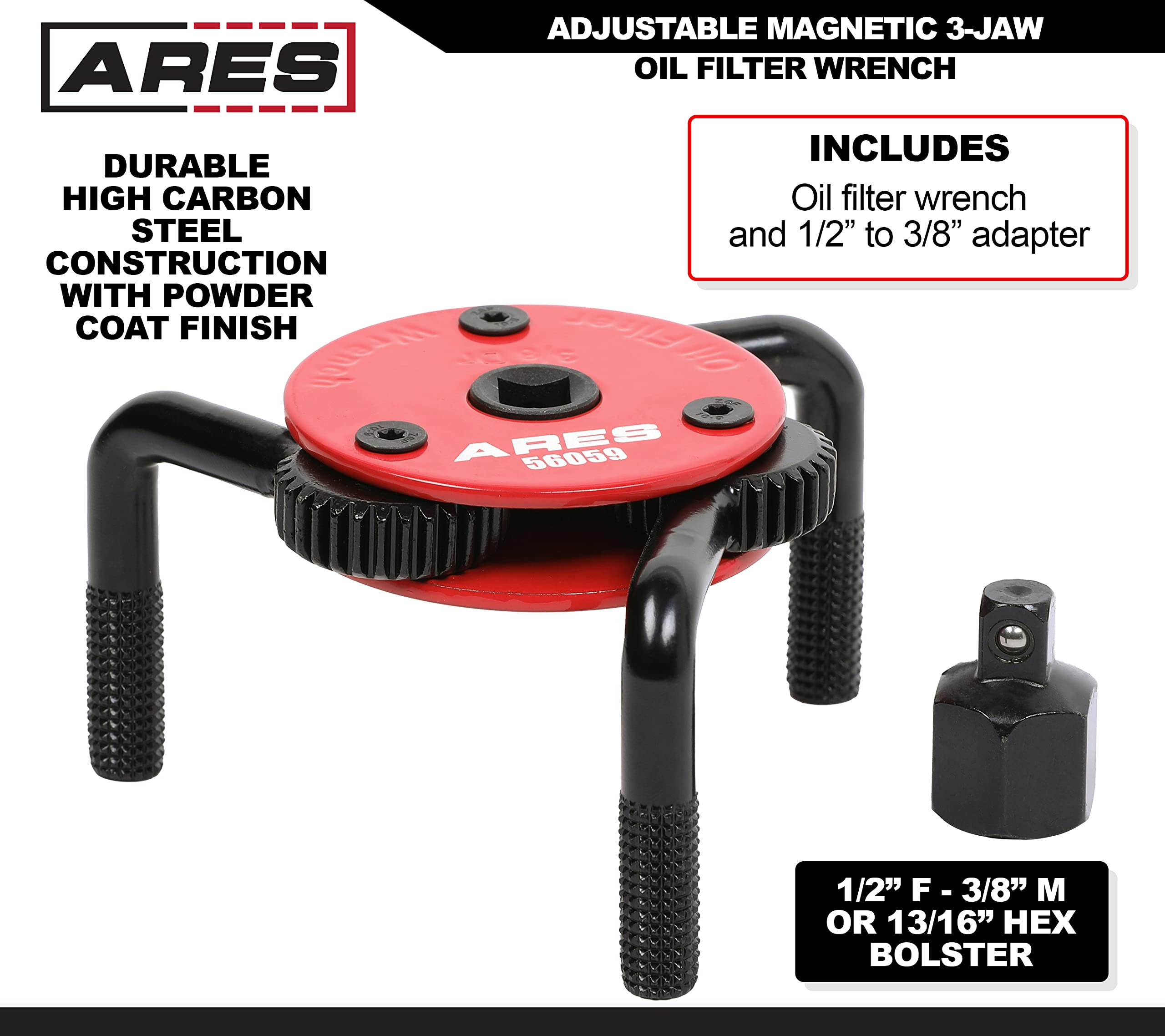 ARES 56059 Large Adjustable Magnetic 3-Jaw Oil Filter Wrench - Fits 2-3/4