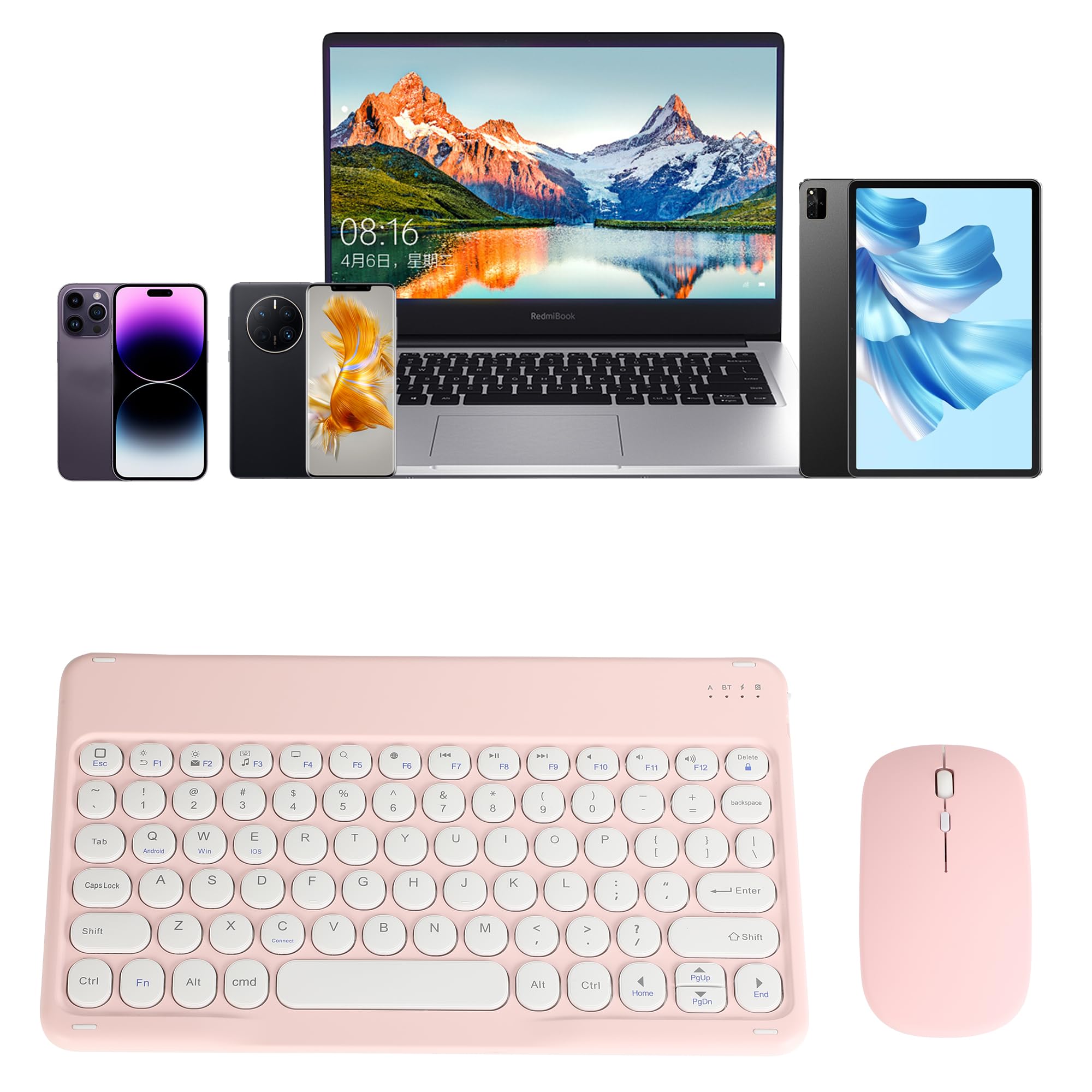 Ultra Slim Retro Bluetooth Keyboard and Mouse Combo - Compact Rechargeable Wireless Keyboard & Mouse for iPad, iPhone, Android, Windows Tablet & Smartphone (Pink) | Perfect for Home Office, Travel & Remote Work