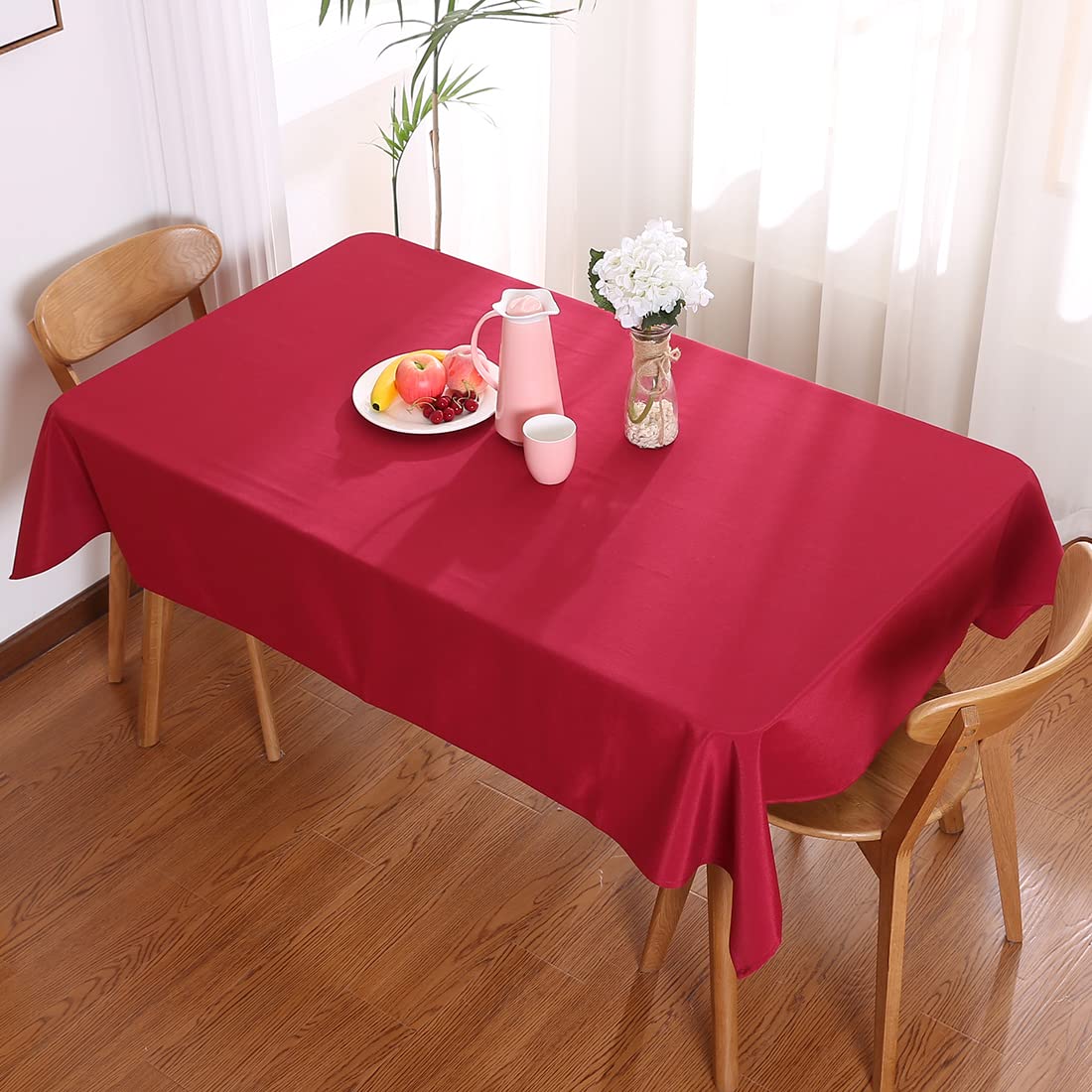 Premium Washable Water-Resistant Canvas Tablecloth - Solid Wine Red Rectangle Table Cover 55