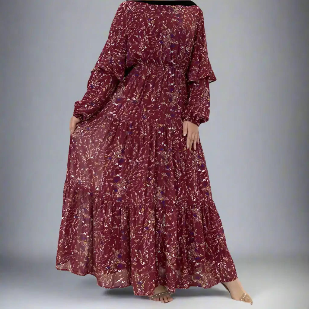 Elegant Muslim Women's Chiffon Abaya Dress with Floral Print - Perfect for Prayer, Eid Celebrations & Modest Fashion