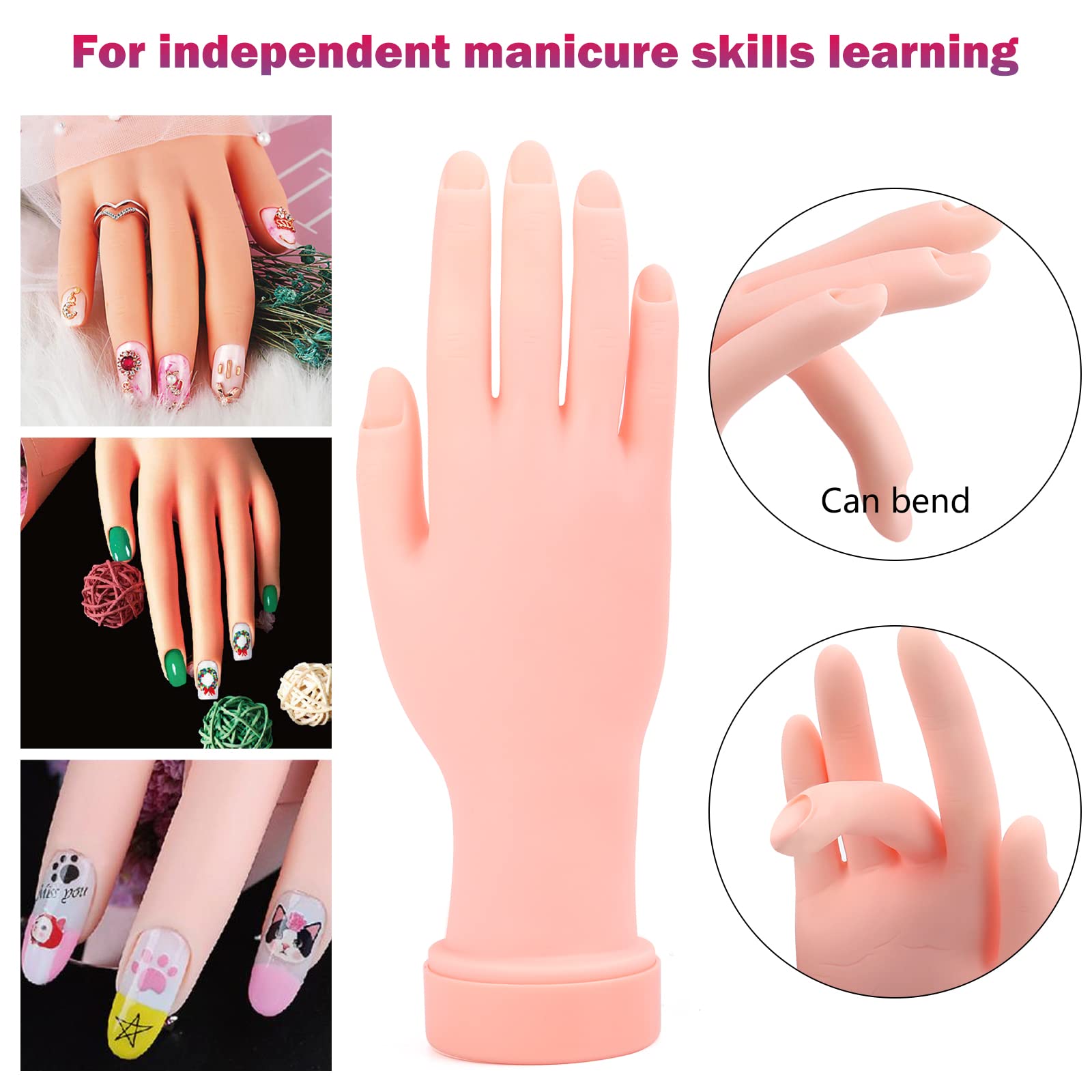 Professional Nail Practice Hand for Acrylic Nails - Flexible Rubber Training Hand with Nail Drill & Dryer Lamp - 12 Color Acrylic Powder Kit for Beginners - Perfect for Salon Training & Home Nail Art Practice