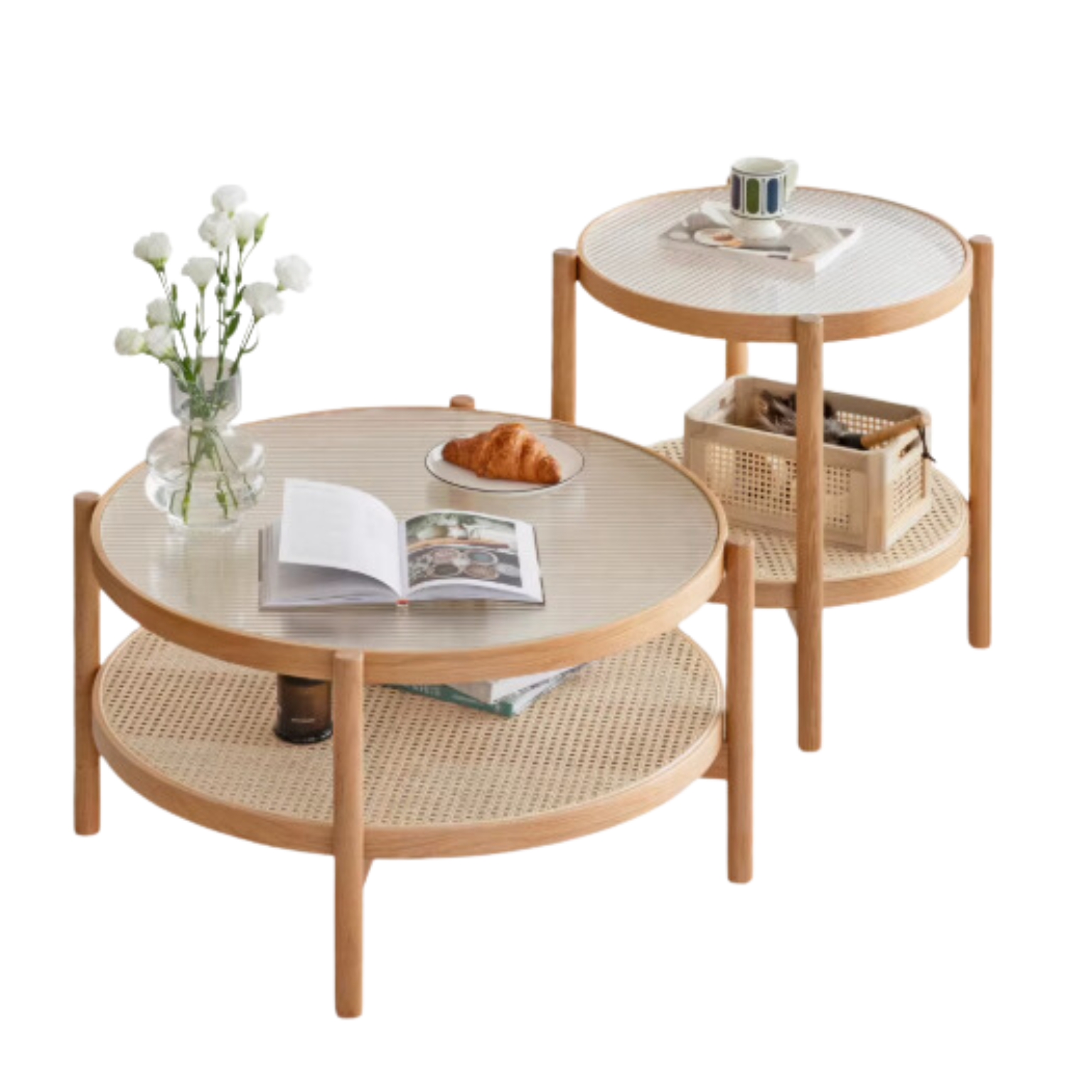 Stylish Oak Solid Wood Coffee Table with Glass Top and Rattan Accents - Perfect for Living Room, Lounge, and Home Decor