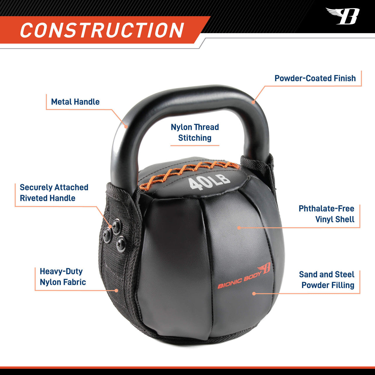 BBKB 40lb Soft Kettlebell - Bionic Body Adjustable Weight for Home Gym, Strength Training & CrossFit Workouts | Perfect for Beginners & Advanced Fitness Enthusiasts