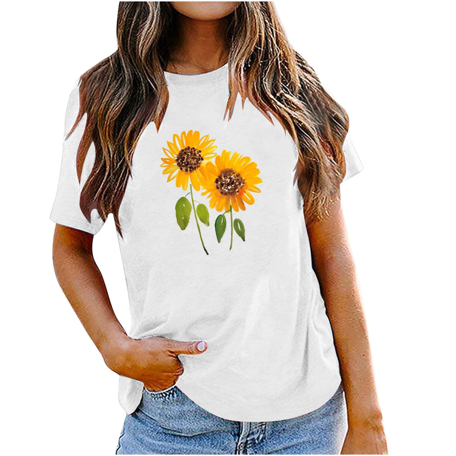 Women's Loose Fit Graphic T-Shirt - Crewneck Short Sleeve Sunflower Print Casual Summer Top | Stylish Everyday Wear for Outings & Beach Days