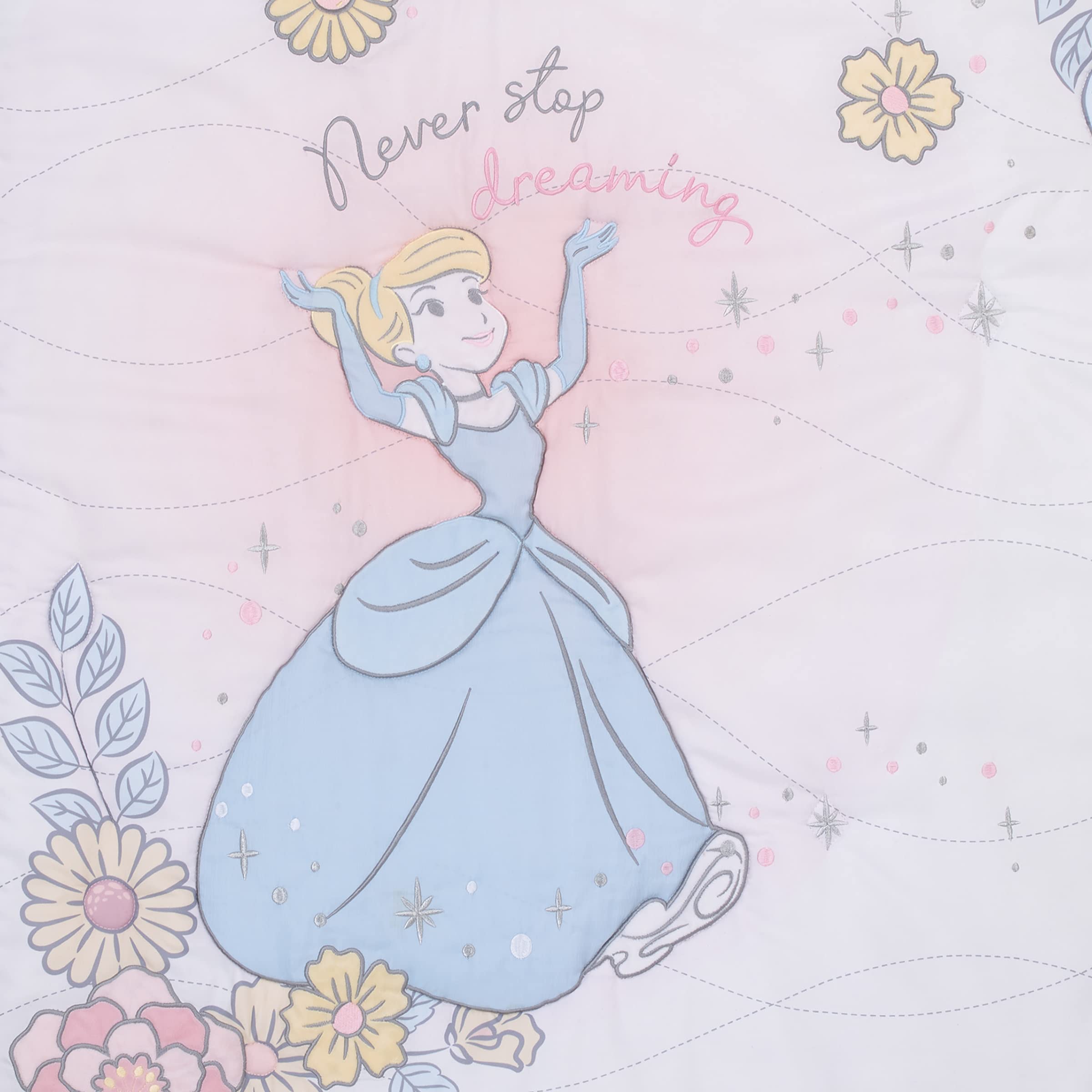 Disney Cinderella 3-Piece Nursery Crib Bedding Set - Light Blue Pink White Comforter, 100% Cotton Fitted Sheet & Crib Skirt | Sweet Princess Theme Baby Girl Room Decor for Newborns & Toddlers