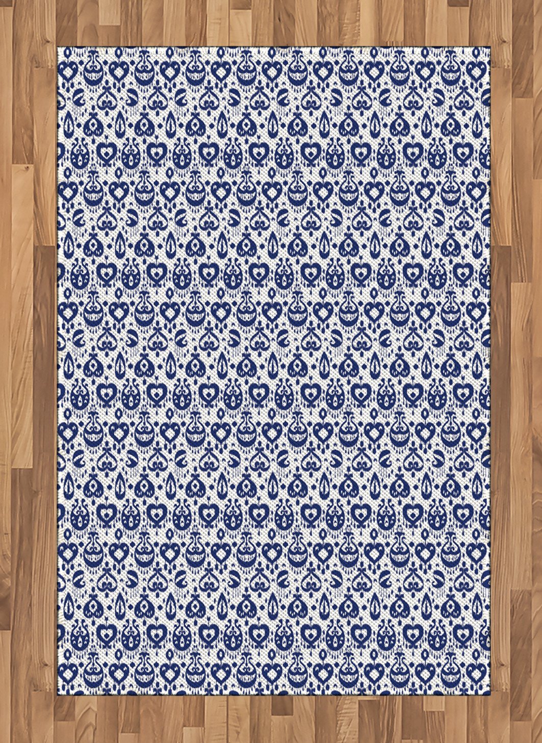 Ambesonne Navy Blue Ikat Pattern Area Rug - Traditional Retro Damask Design, Flat Woven Accent Rug for Living Room, Bedroom, Dining Room - 4' x 5' 7