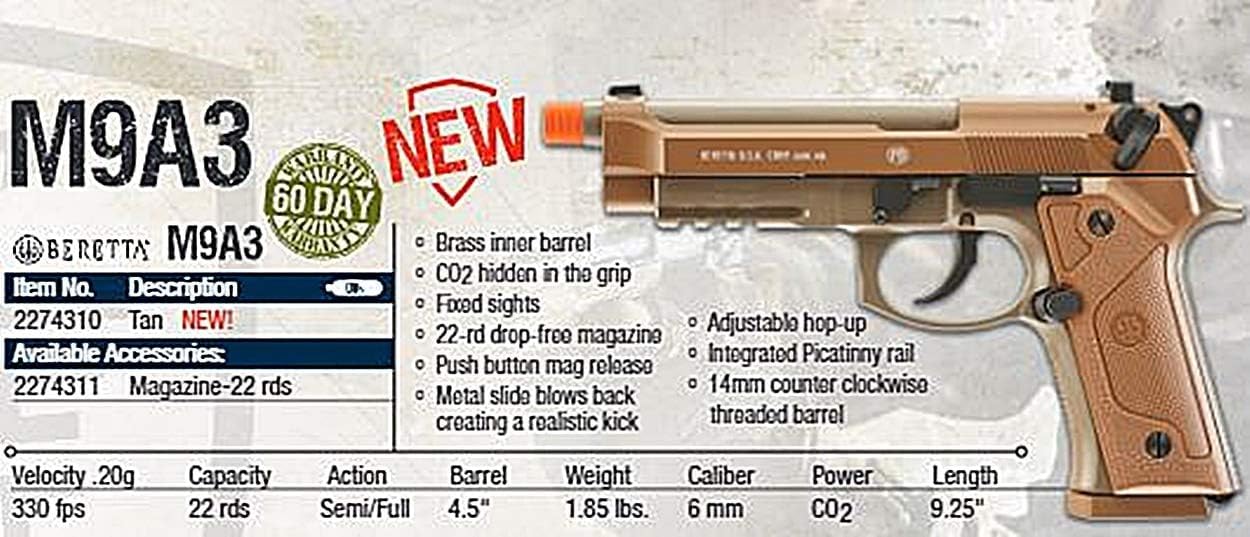 Umarex Beretta M9A3 Blowback Full Auto 6mm BB Airsoft Pistol - Realistic CO2 Powered Air Gun for Target Shooting & Training