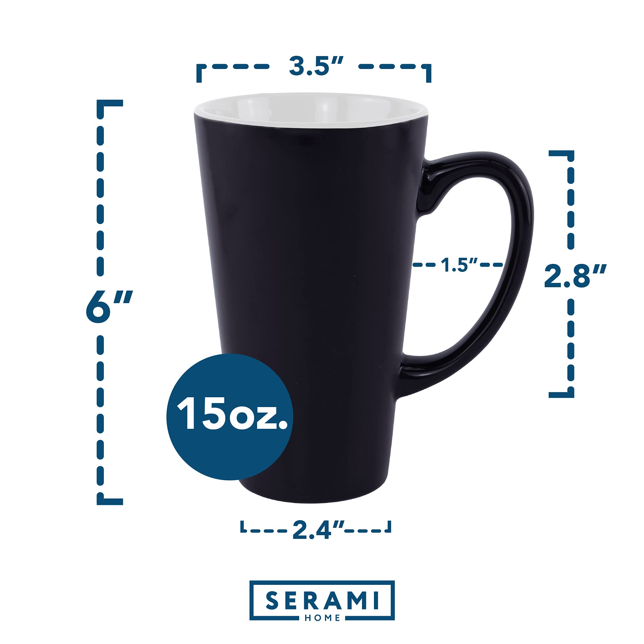 Premium 15oz Black and White Ceramic Coffee Mugs with Oversized Handles - Set of 2 Tall Funnel Cups for Home, Office, or Cafe Use - Ideal for Latte, Cappuccino, and Hot Beverages