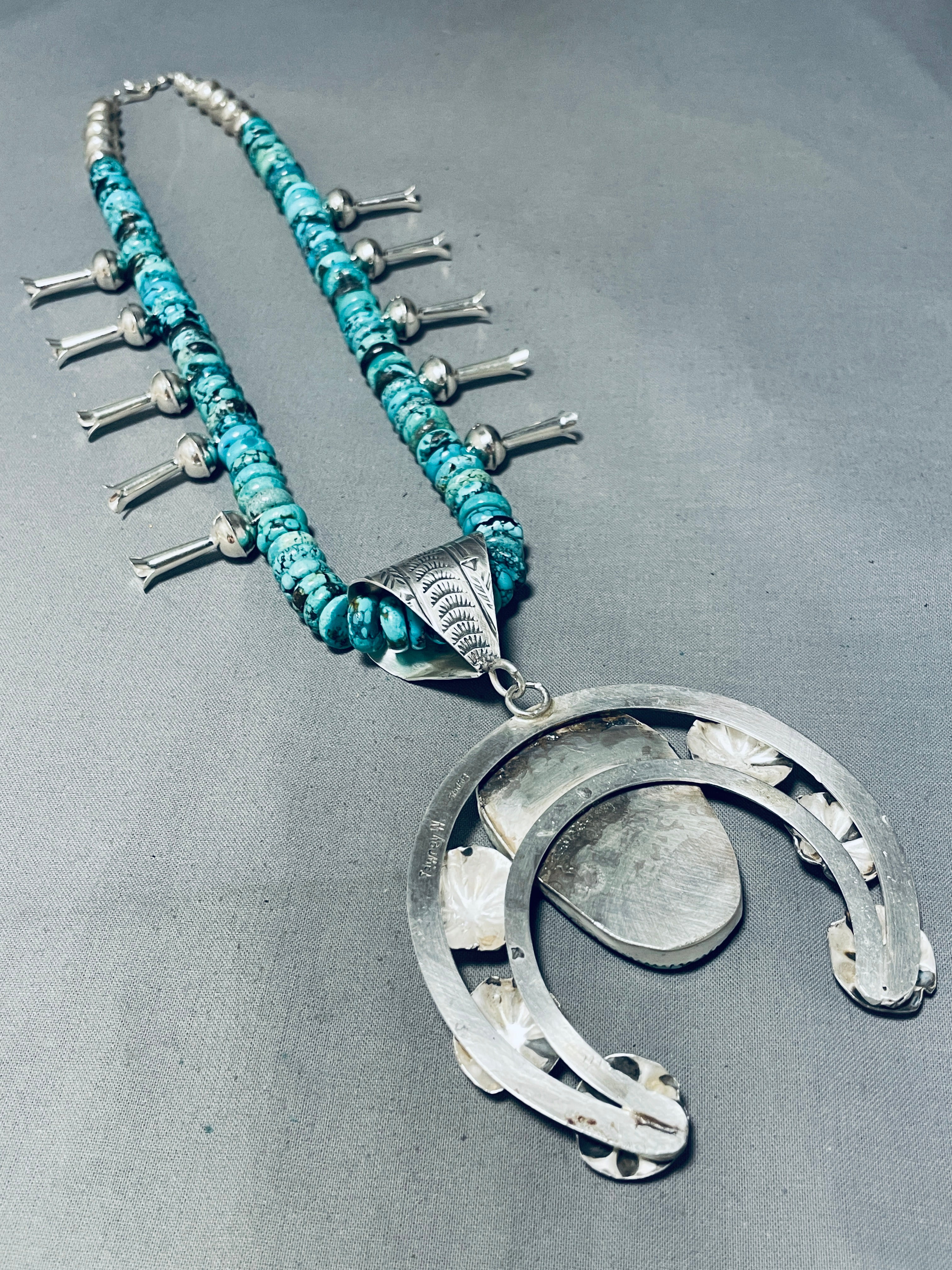 Authentic Navajo Spiderweb Turquoise Squash Blossom Necklace - 170g Sterling Silver Handmade Jewelry for Women - Perfect for Boho Fashion, Wedding Gifts & Special Occasions