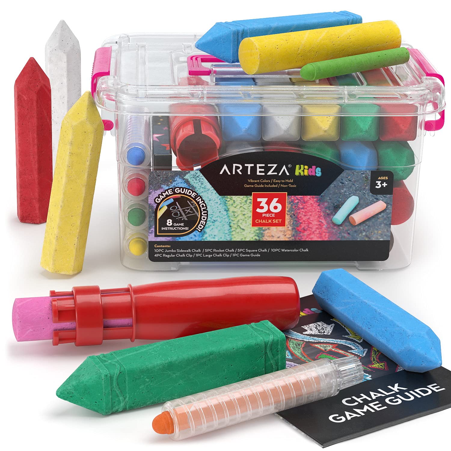 Arteza 36-Piece Kids Sidewalk Chalk Set - Non-Toxic, Washable & Easy-Grip Chalk for Outdoor Play with Fun Game Guide - Perfect for Driveway Art, Hopscotch & Summer Activities