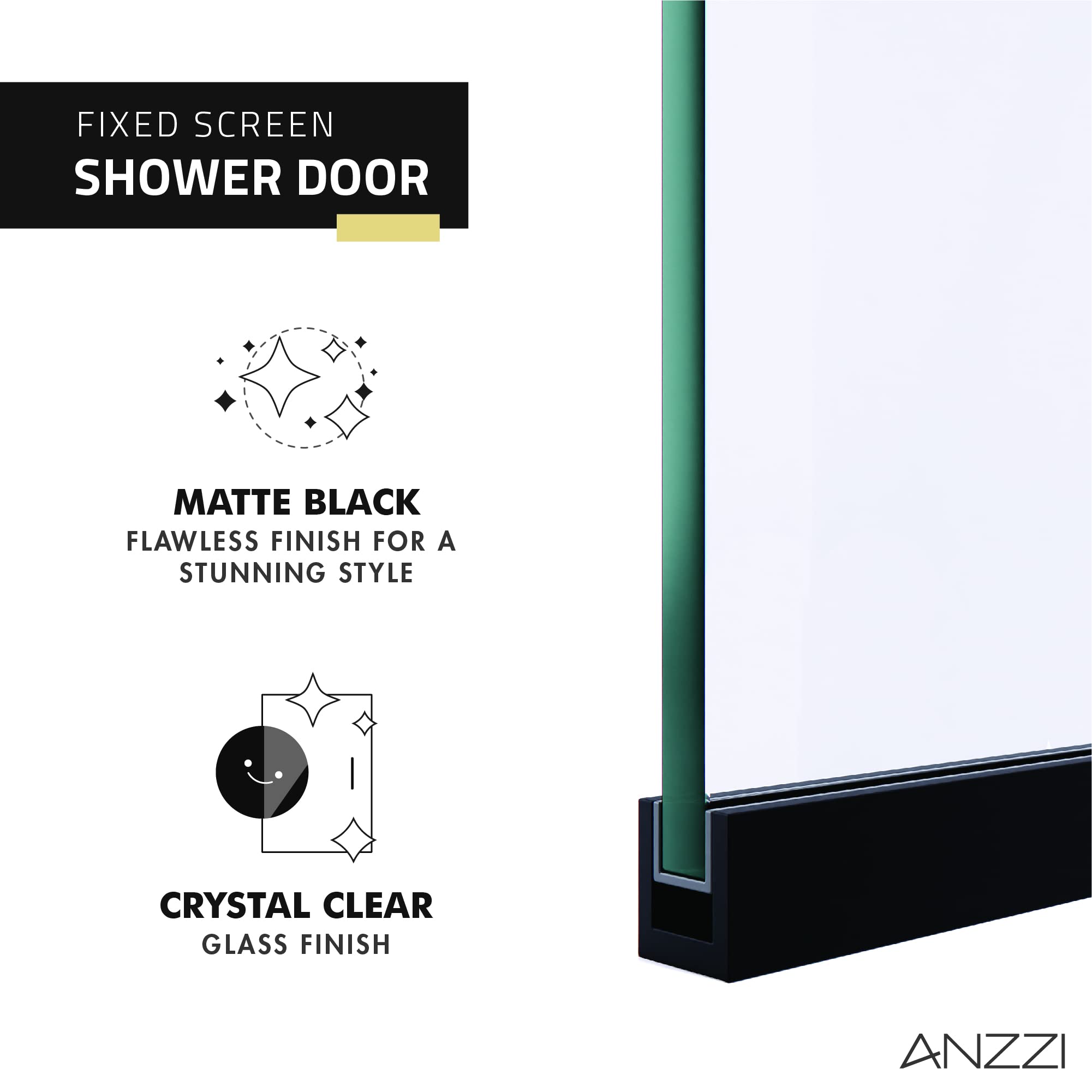 ANZZI 74 x 34 Inch Frameless Fixed Glass Shower Screen Door - Matte Black Finish with Veil Water Repellent Technology | Clear Tempered Glass Single Panel for Bathroom & Shower Enclosure | Complete Hardware Kit for Easy Installation | Perfect for Modern Home & Spa-Like Bathroom Experience