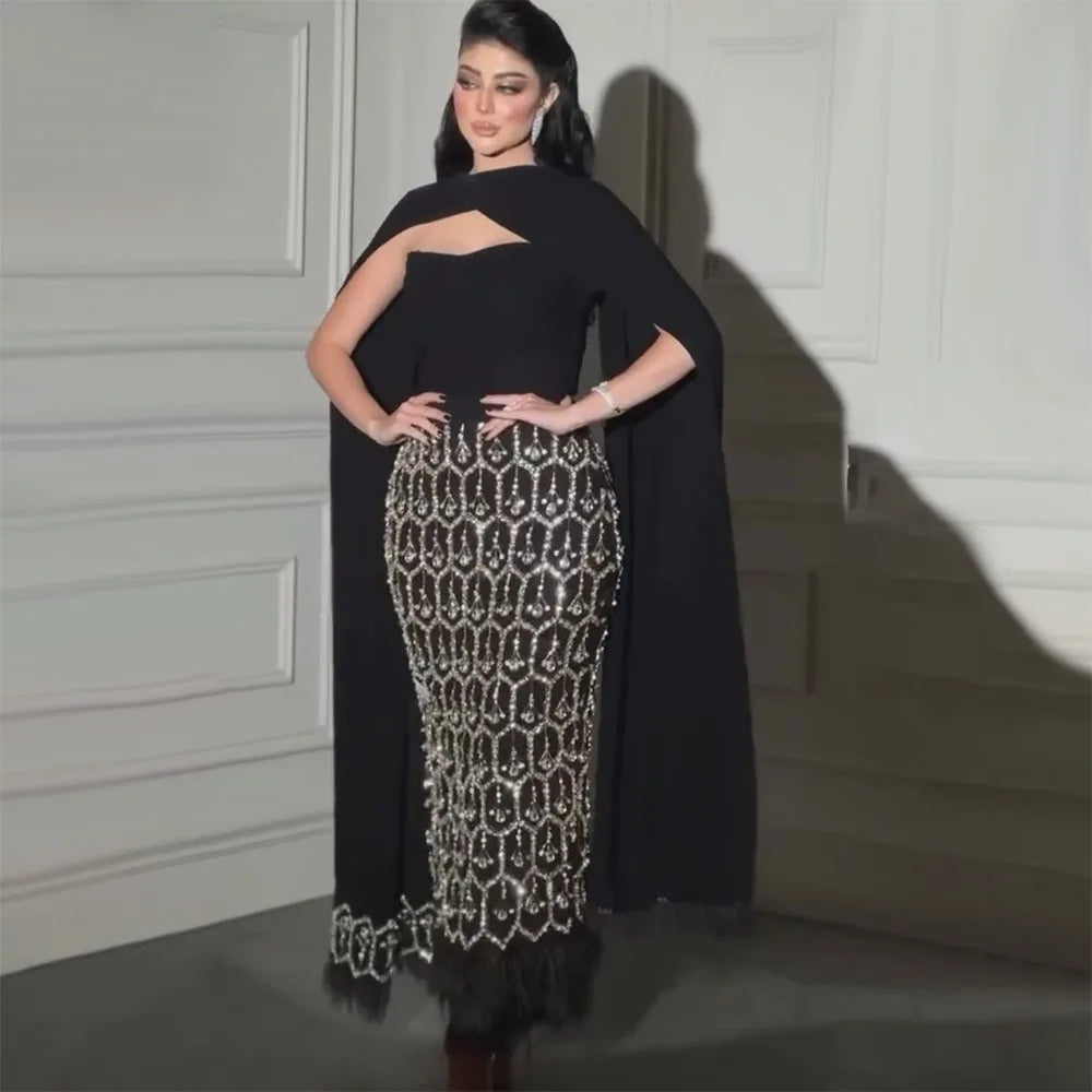 Elegant Black Mermaid Evening Dress with Cape Feather for Women - Arabic Prom Formal Gown for Wedding, Party & Special Occasions | Serene Hill LA72410