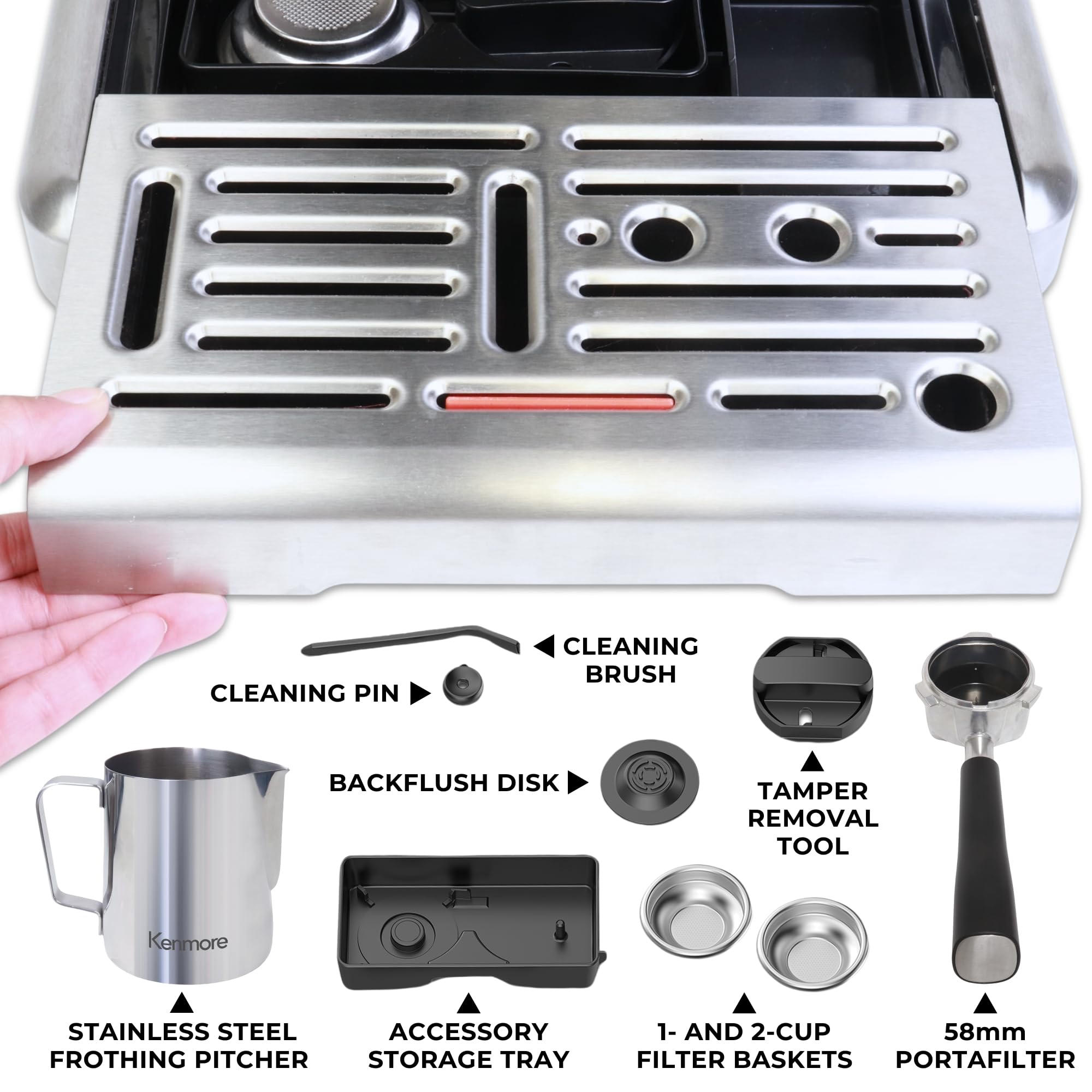 Kenmore Elite Semi-Automatic Espresso Machine with Built-in Grinder, Auto Tamper & Milk Frother - Professional Barista System for Home Café, Perfect for Making Lattes, Cappuccinos and Americanos (Ideal for Coffee Shops & Home Baristas)
