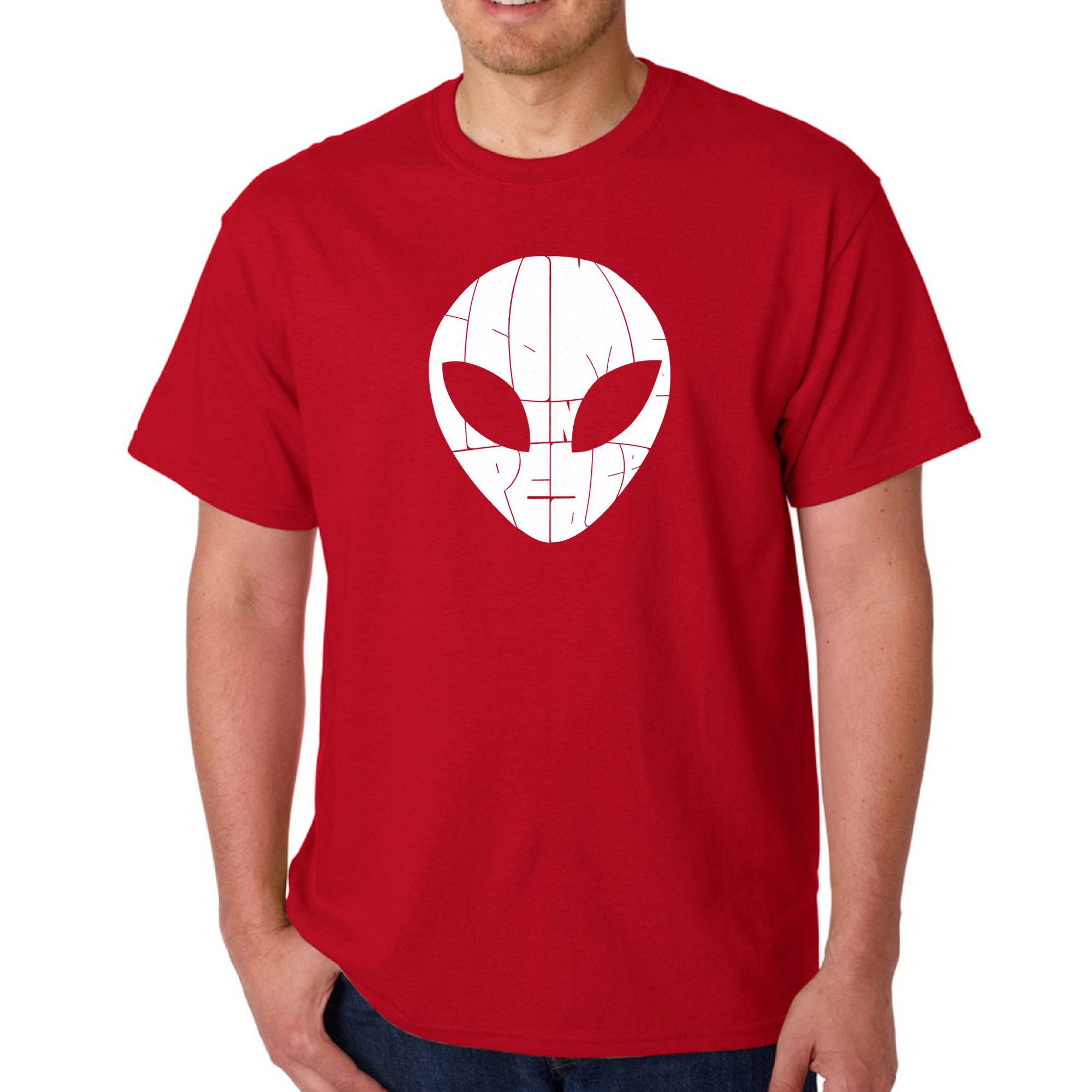 LA POP ART Men's Word Art T-Shirt - I Come in Peace Graphic Tee | Funny Alien UFO Sci-Fi Novelty Shirt for Men | Perfect for Comic Con, Space Theme Parties & Casual Wear