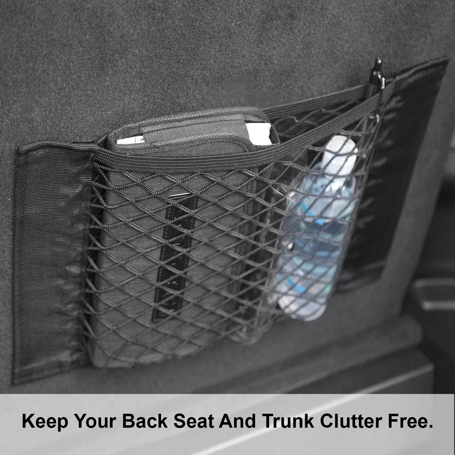 Lebogner 2-Pack Car Storage Net Organizer - Mesh Stick-On Cargo Pouch & Bungee Netting for Trunk, Seat Back, Suitcases | Elastic Vehicle Storage Solution for Road Trips, Camping & Daily Commute