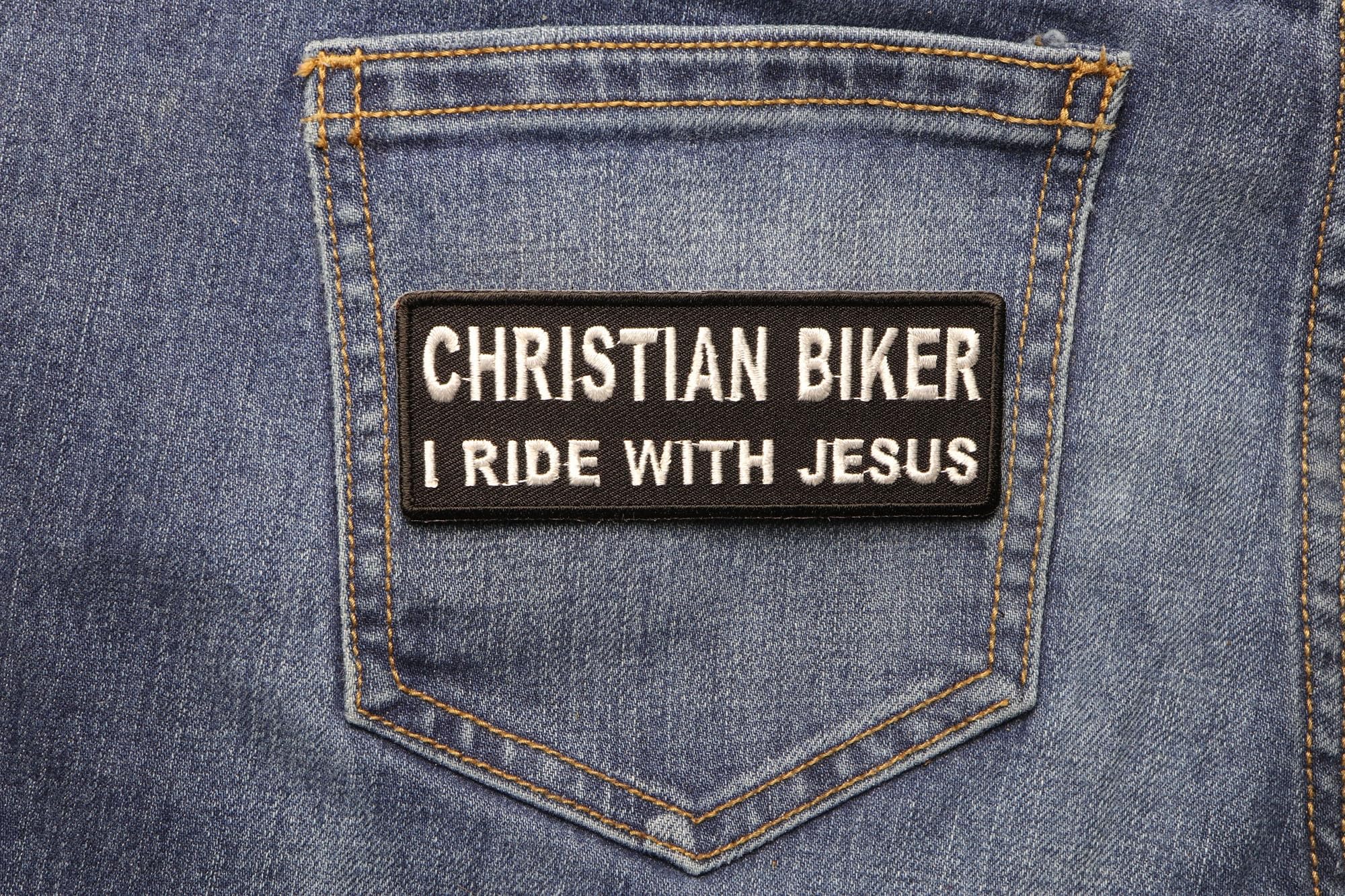 Christian Biker Patch - I Ride with Jesus Embroidered Iron-on Patches for Motorcycle Vests & Jackets - Religious Biker Accessories for Church Rides & Christian Motorcycle Events