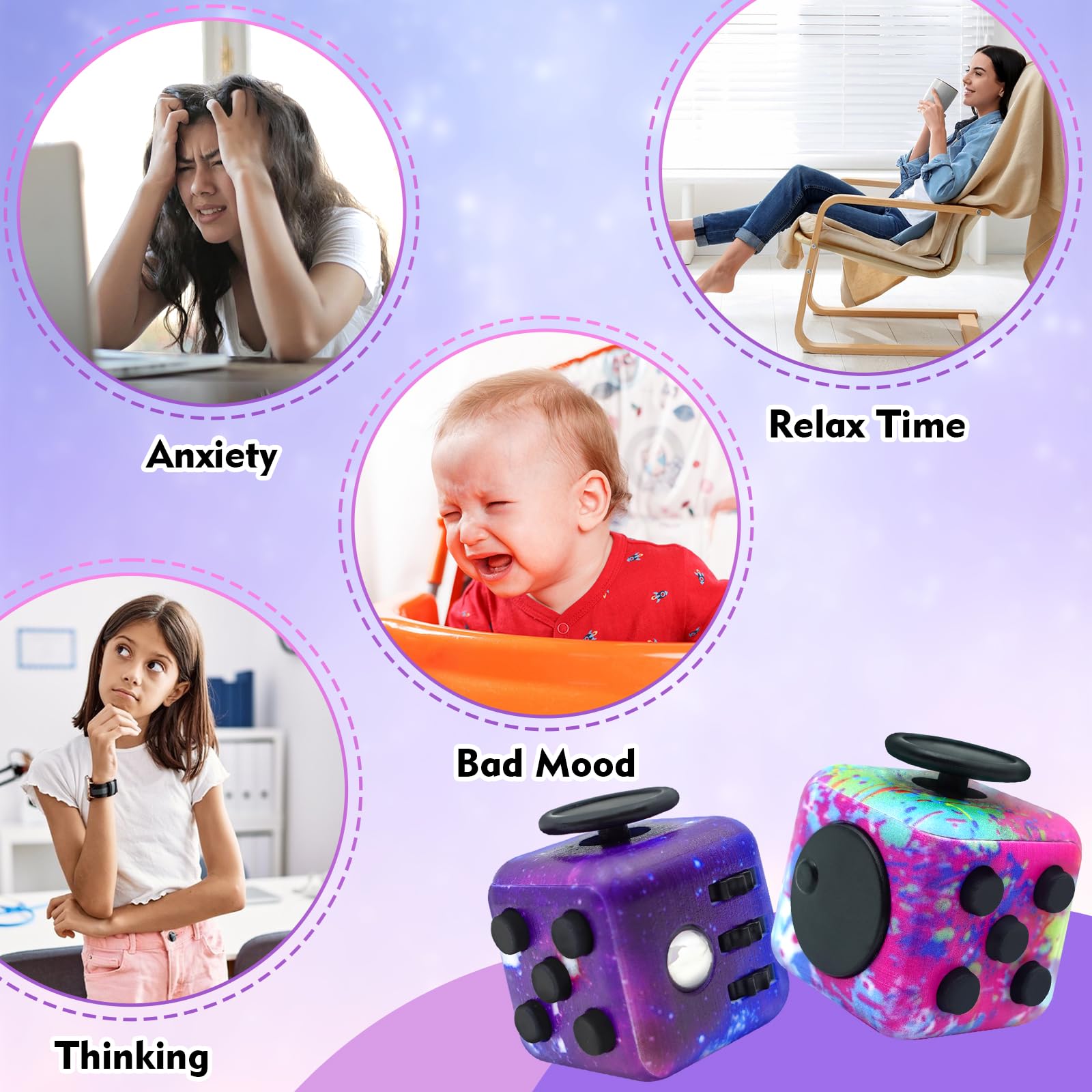 4 Pack Fangool Fidget Toy Cube - Stress Relief & Anxiety Toys for Adults & Kids with ADD/ADHD/OCD - 6-Sided Handheld Sensory Fidget Toys (Audible/Silent Modes) - Perfect for Office, School, Travel & Focus Enhancement